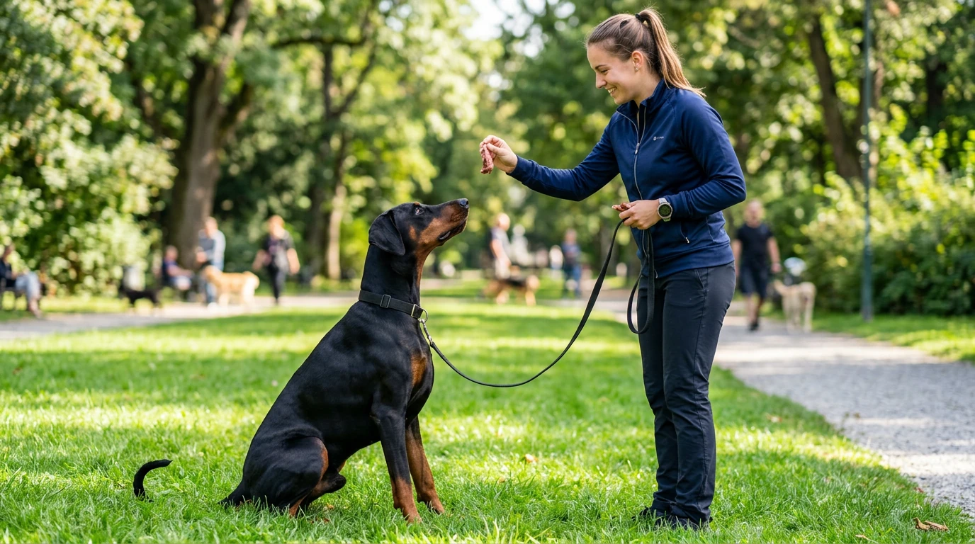An attentive Doberman Pinscher focusing on its handler during a positive reinforcement training session outdoors.