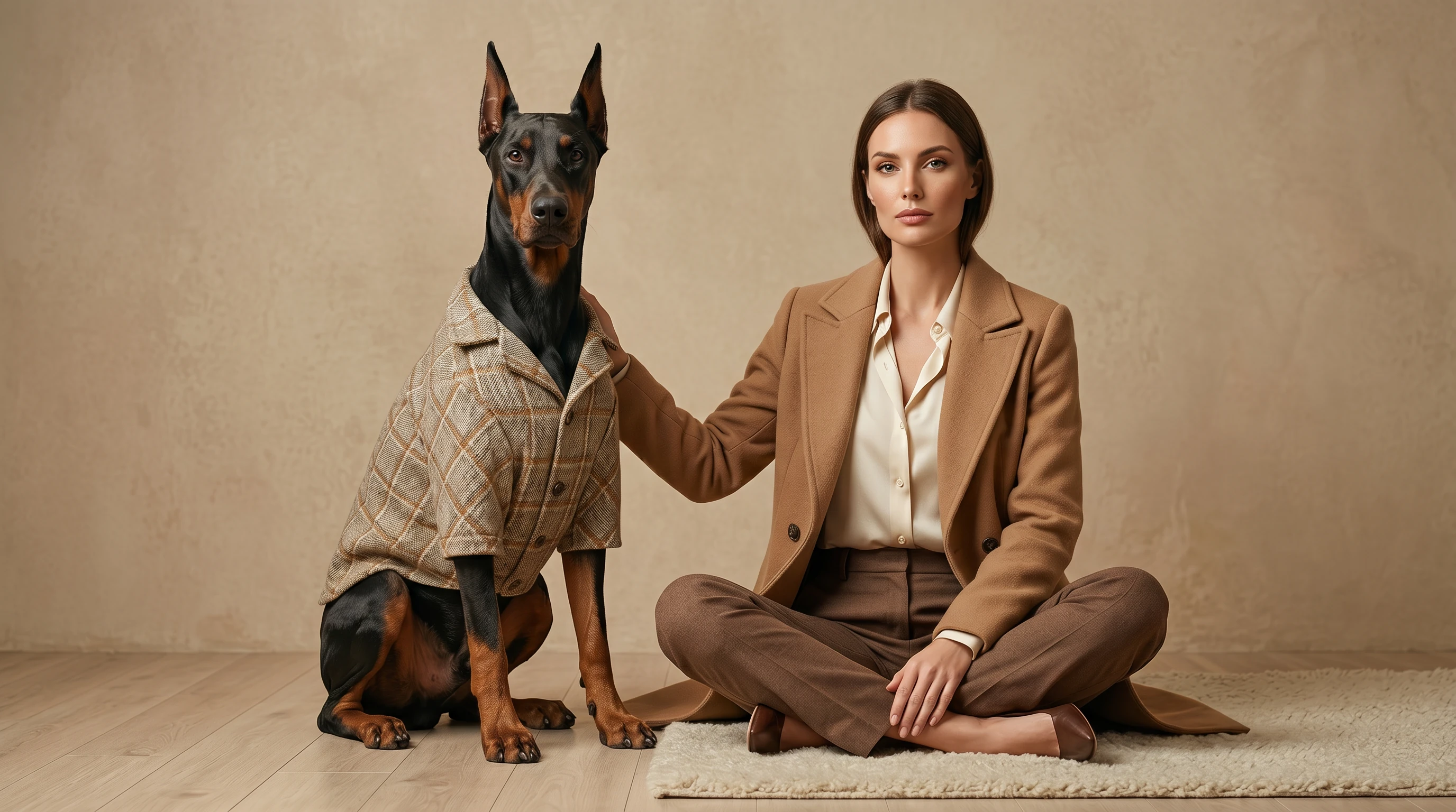 Doberman in tailored wool-blend blazer, minimalist design for deep-chested breeds, textured plaid fabric, warm studio lighting, calm companion with owner in matching blazer, neutral earth tones, Wabi-sabi aesthetic