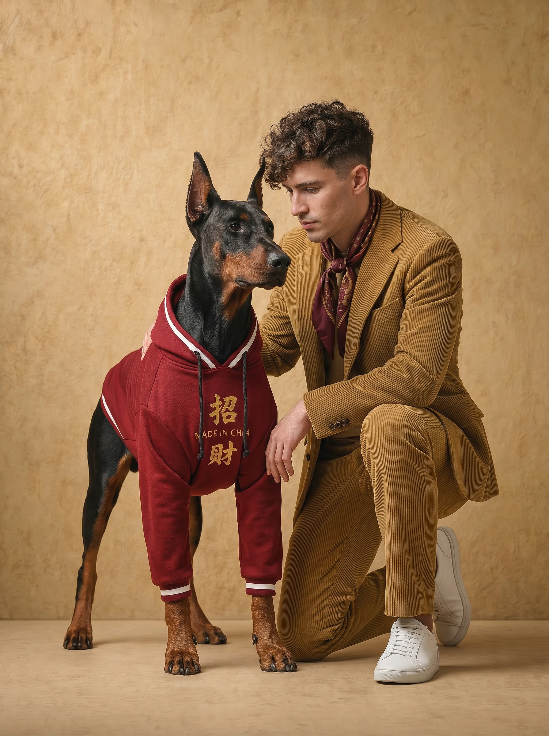 Doberman in NookPaws Deep Chest Fleece Hoodie, rich burgundy fleece with white trim, minimalist design for large breeds, warm texture under soft studio light, calm interaction with owner.
