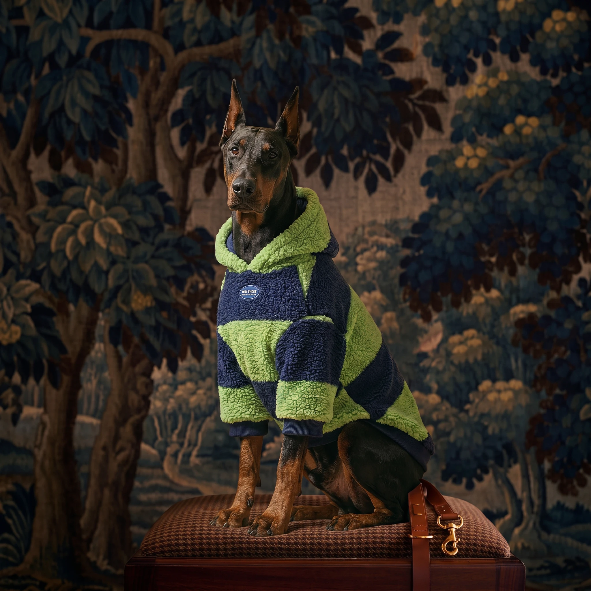 Doberman in NookPaws™ green and navy mesh athletic layer, soft sherpa collar, minimalist design for deep-chested breeds, calm pose on textured ottoman against tapestry backdrop