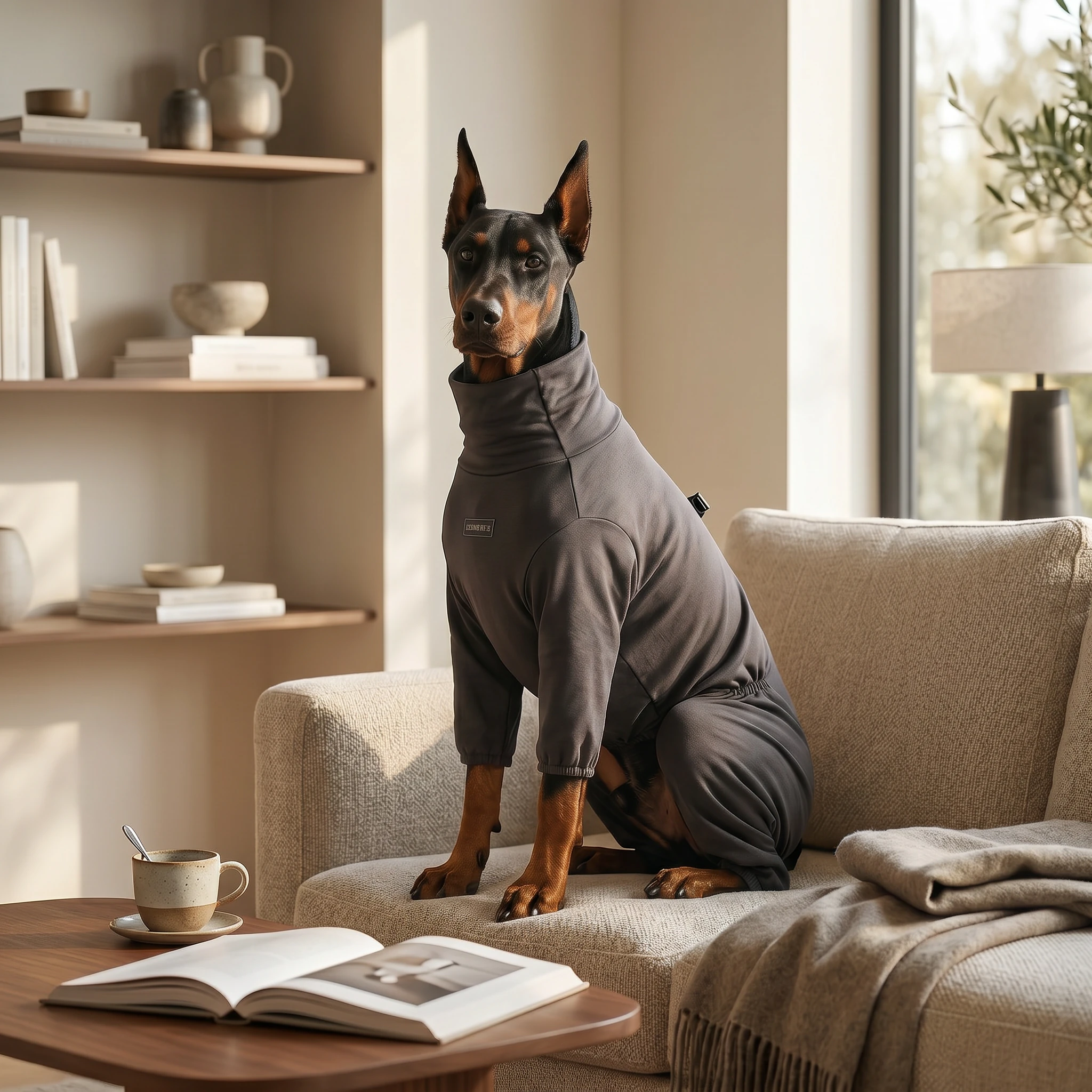 Doberman in NookPaws Recovery Suit, a minimalist full-coverage layer for deep-chested breeds, seated calmly on a beige sofa in soft natural light, showcasing high-stretch fabric and functional design.