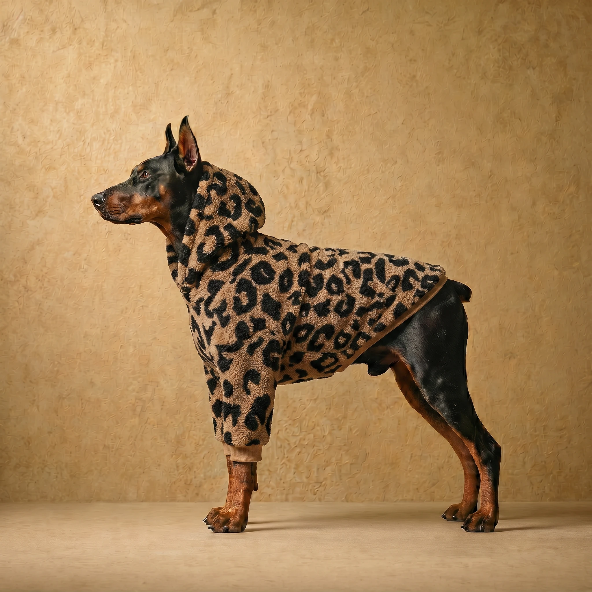 Doberman in a plush leopard-print sherpa hoodie with a close athletic fit, designed for deep-chested dogs, showcasing soft texture and structured coverage in warm neutral tones.