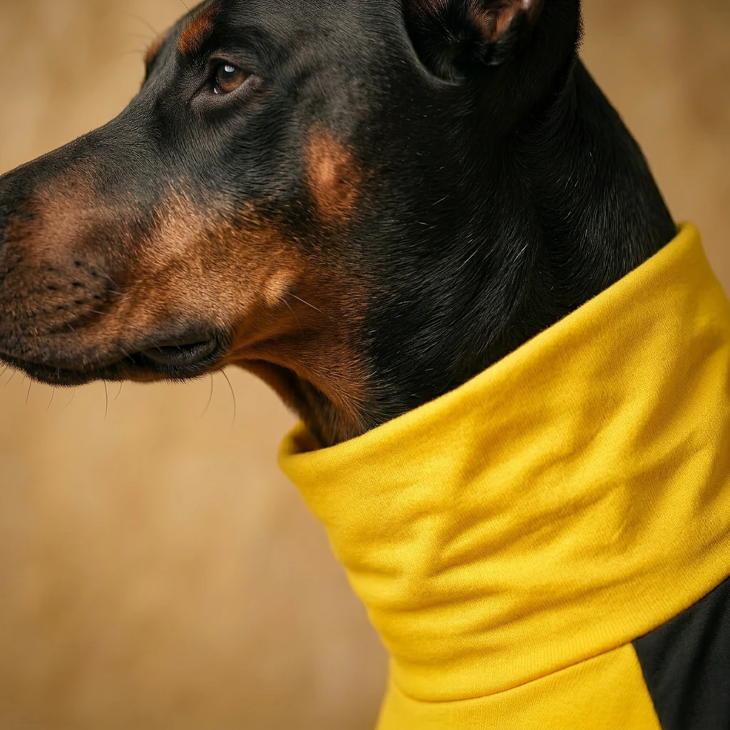 Doberman in NookPaws™ rain layer, soft yellow fabric draping the neck with warm, natural light accentuating texture—minimalist, functional, deep-chested dog apparel.