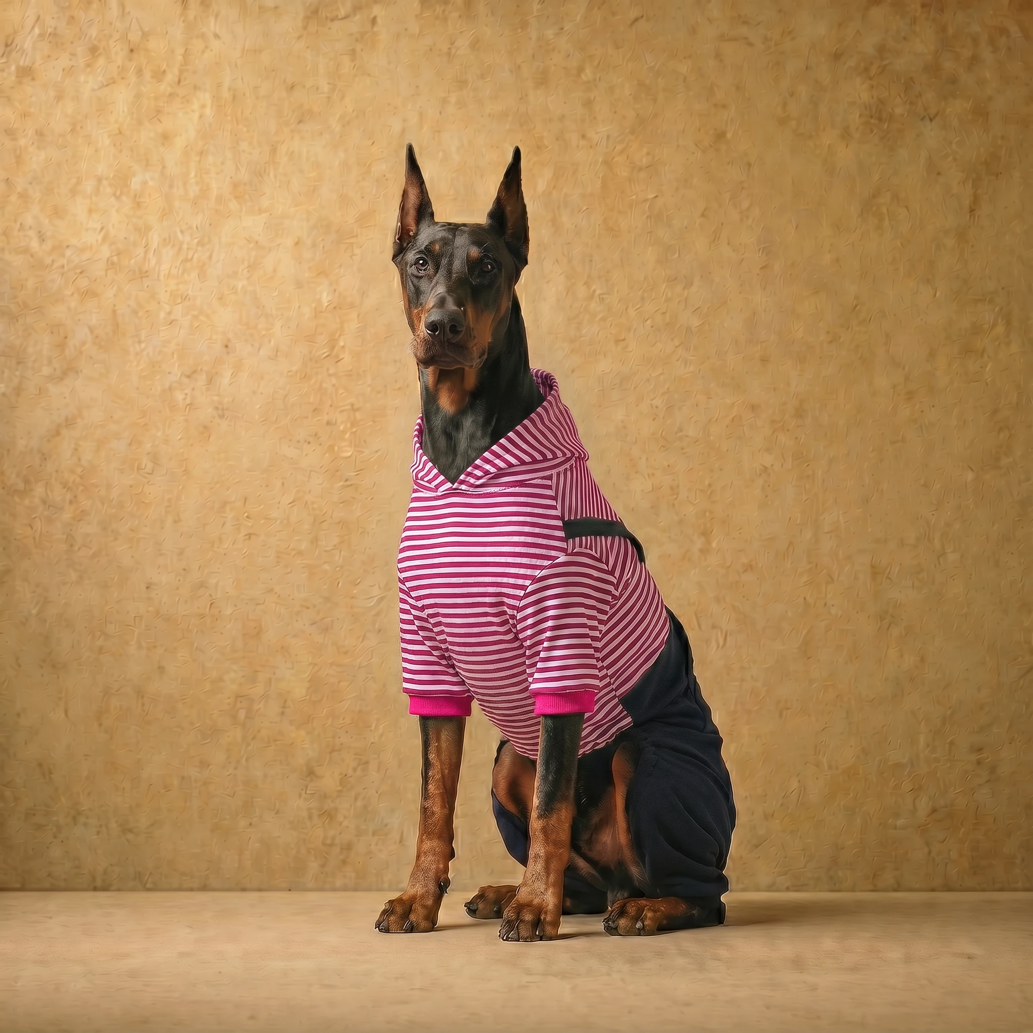 Doberman in a rose red striped full-coverage layer with fleece lining, designed for deep-chested breeds, offering thermal protection and a tailored fit for large dogs.