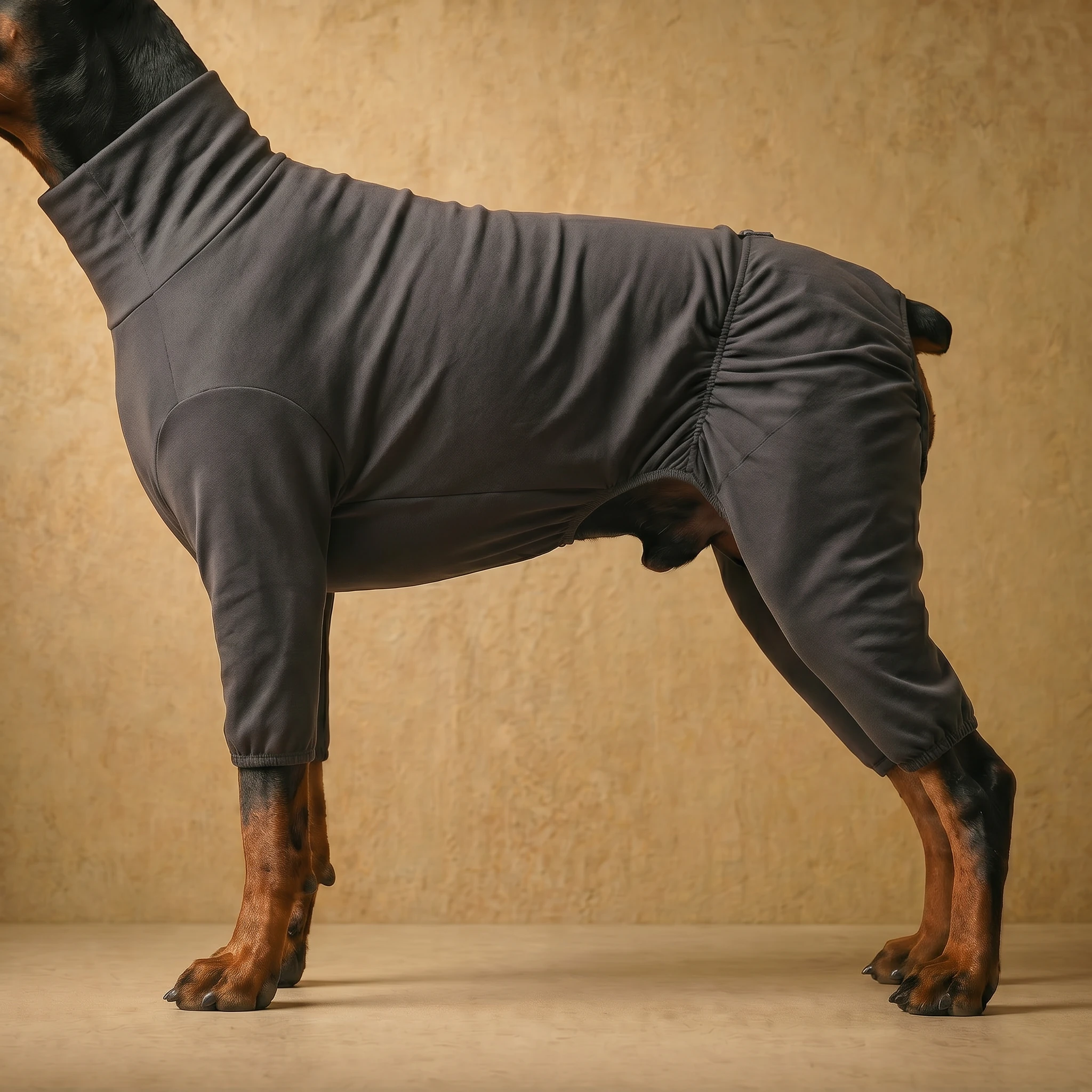 Doberman in NookPaws recovery suit — minimalist, high-stretch fabric hugs deep-chested frame, soft textures under warm, natural lighting.