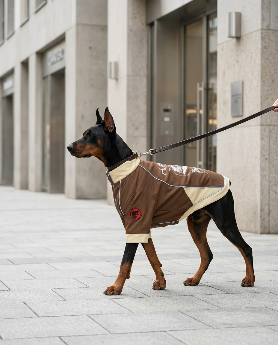Doberman in NookPaws winter coat, walking city sidewalk — minimalist dog apparel for deep-chested breeds, soft shell with weather-resistant fabric, calm urban styling.