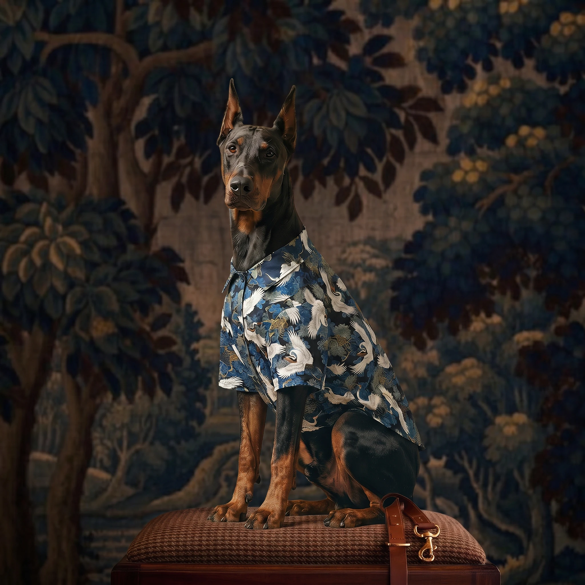 Doberman in a minimalist blue crane-patterned shirt, breathable athletic cut for deep-chested breeds, sitting poised on a textured ottoman against lush tapestry, soft lighting highlights fabric texture and calm confidence.