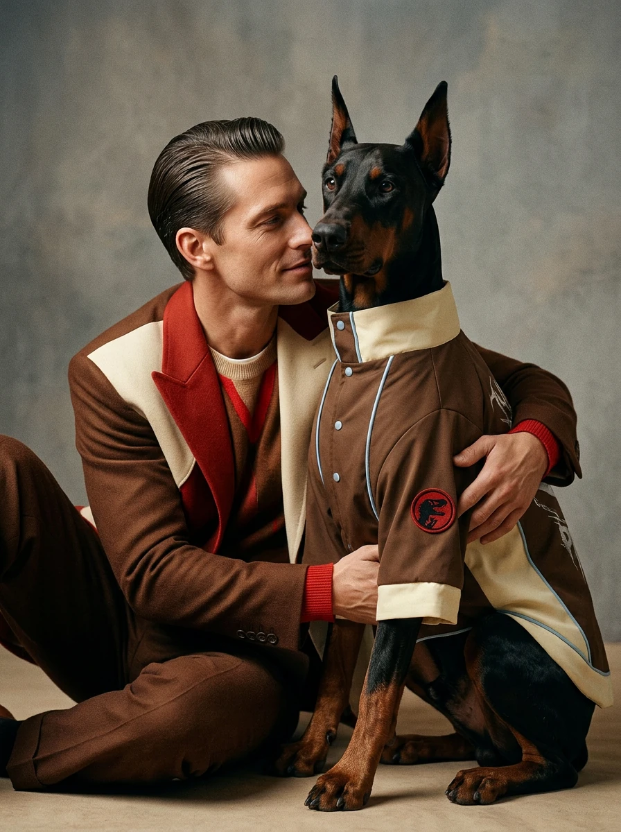 Doberman in NookPaws™ winter coat with lined collar and weather-resistant fabric, styled in minimalist earth tones, matching owner’s capsule wardrobe.