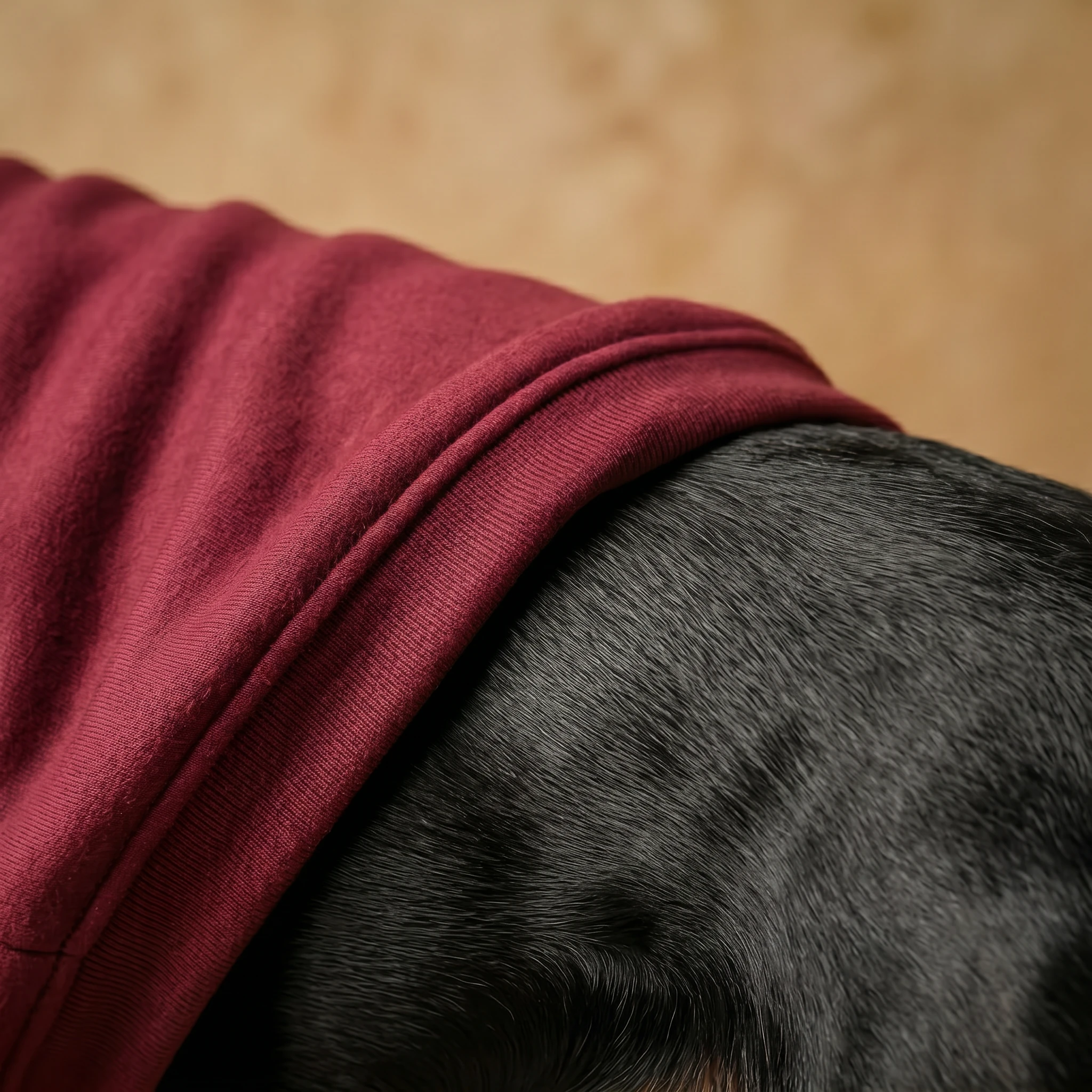 Rich burgundy varsity jacket layer fits snugly on deep-chested Doberman, showcasing soft ribbed fabric and clean lines for functional warmth.