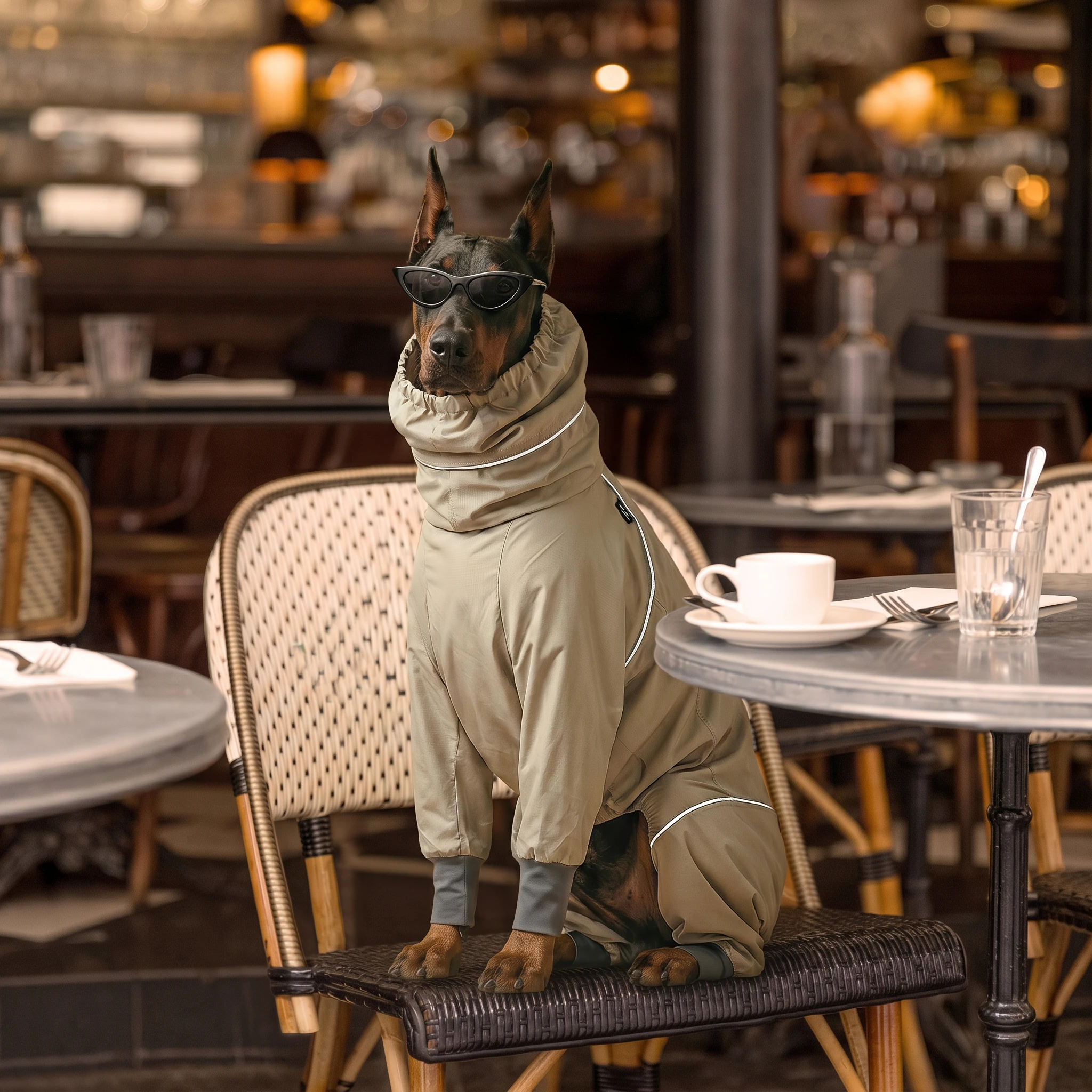 Doberman in NookPaws rain layer, olive waterproof coat with roasted walnut contrast, seated at outdoor café—minimalist functional wear for deep-chested breeds.