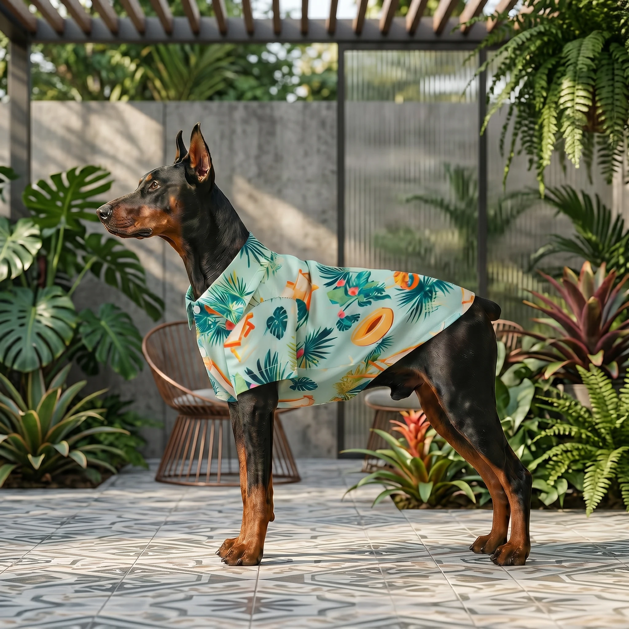 Doberman in lightweight tropical-print summer shirt, breathable fabric draping over deep chest, standing on tiled patio amid lush greenery under dappled sunlight.