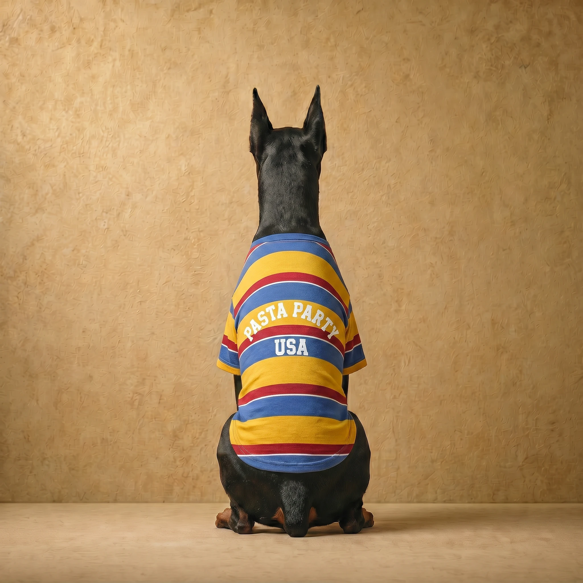 Doberman wearing a striped cotton-blend sweatshirt in blue, yellow, and red with "PASTA PARTY USA" text, showcasing a close athletic fit for large dogs.