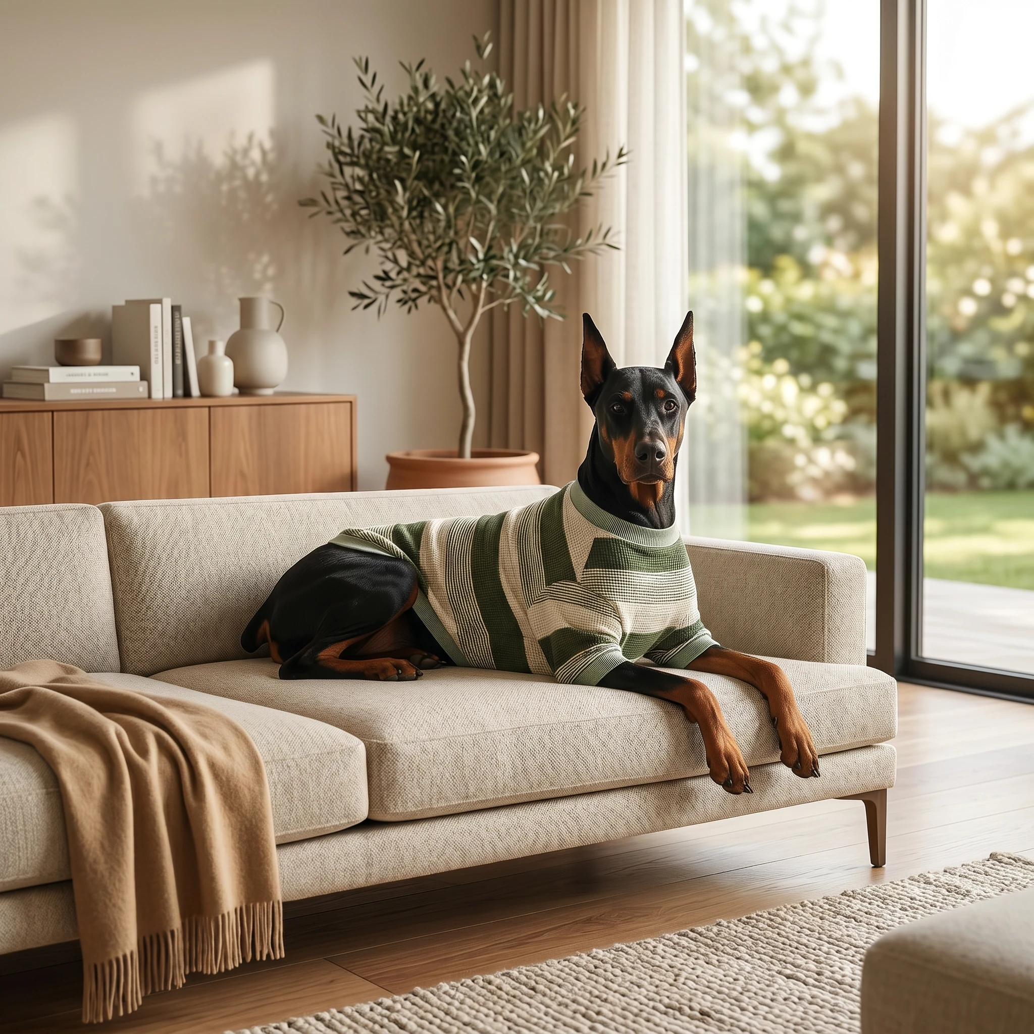 Doberman in NookPaws striped knit sweater, waffle-knit texture soft under natural light, minimalist lounge setting, calm deep-chested breed apparel fit