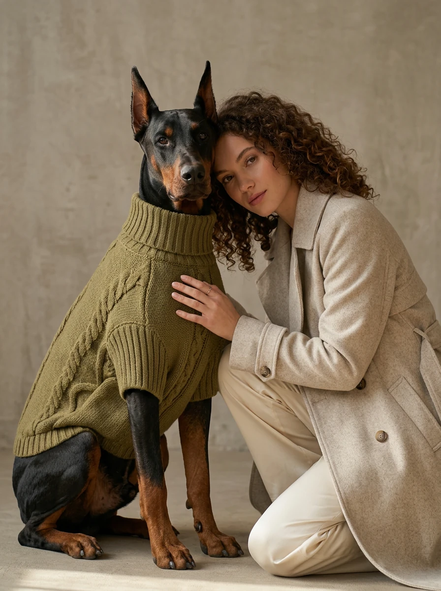 Doberman in olive green cable-knit dog sweater, deep-chested fit, soft textured knit, minimalist winter layer, calm interaction with owner, neutral backdrop