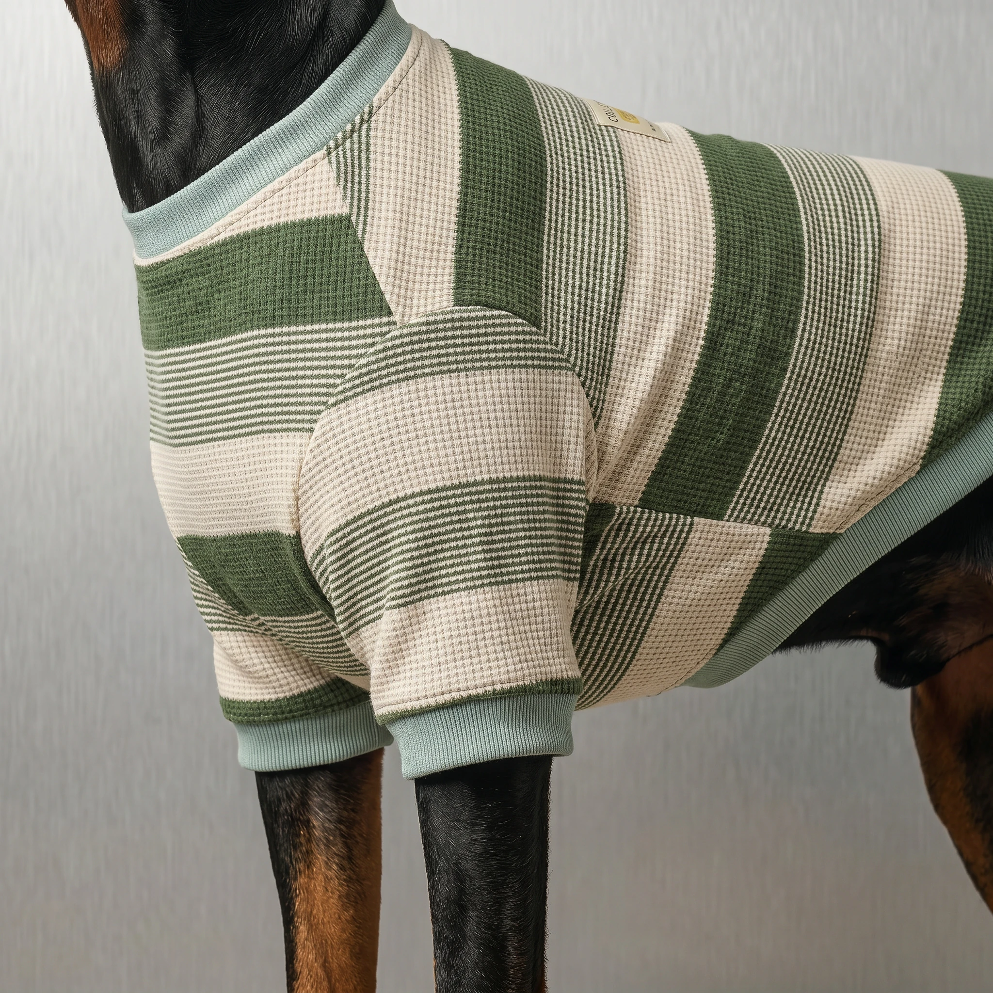 Minimalist striped waffle-knit dog sweater in olive and cream, tailored for deep-chested breeds like Dobermans, showcasing soft texture and clean lines under soft studio light.