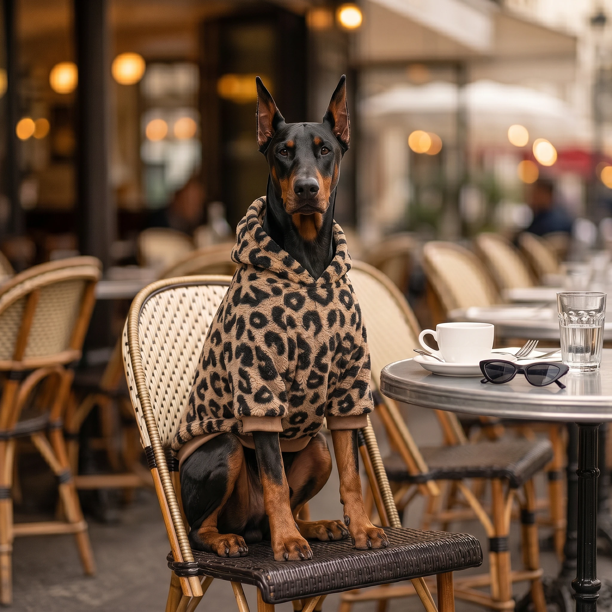 Doberman in NookPaws™ Deep Chest Sherpa Hoodie, leopard-patterned high-pile fleece, seated at café table with warm bokeh lights, minimalist urban atmosphere