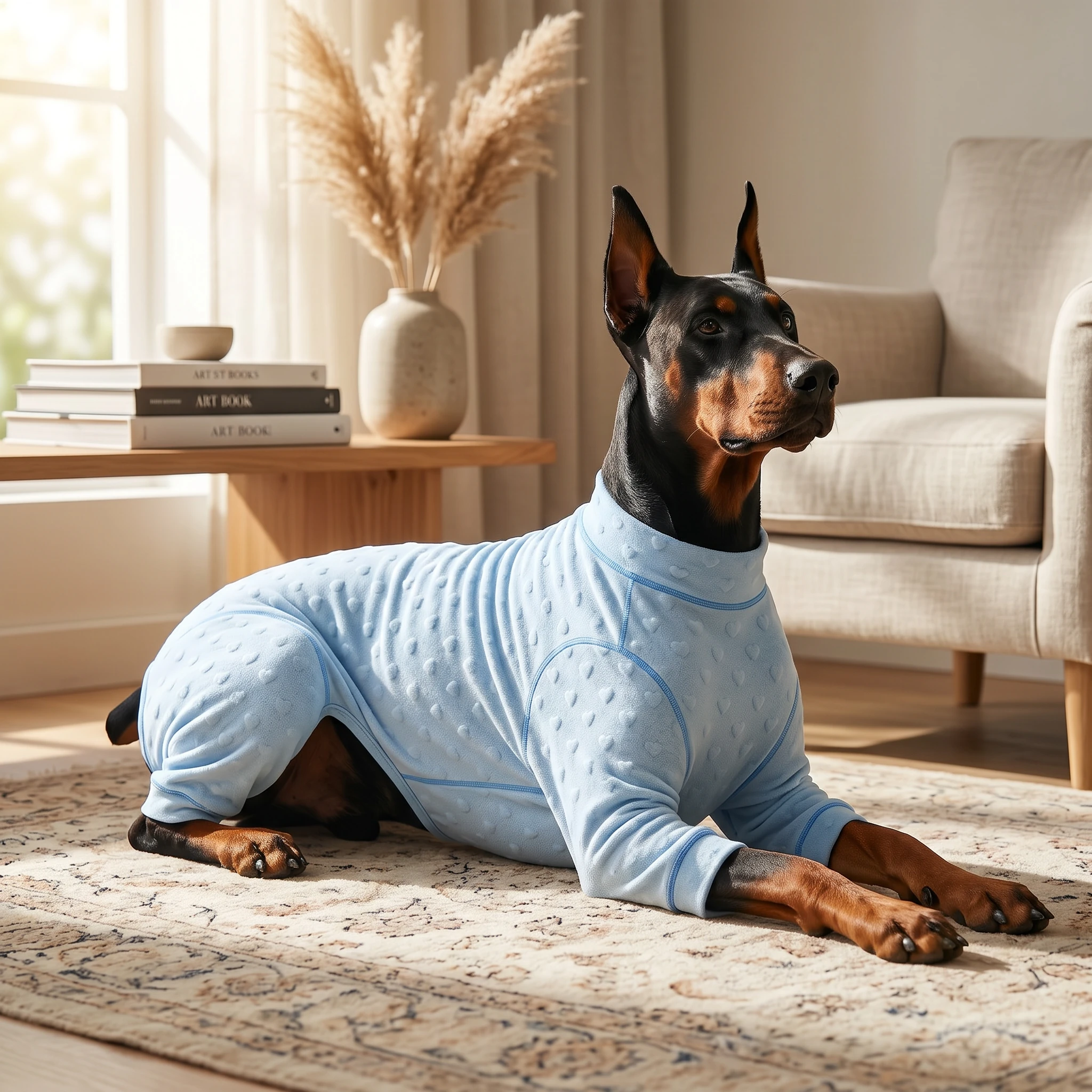 Doberman in light blue textured indoor layer, lying calmly on vintage rug, soft natural light, minimalist home decor, clothes that fit dobermans without bulky styling