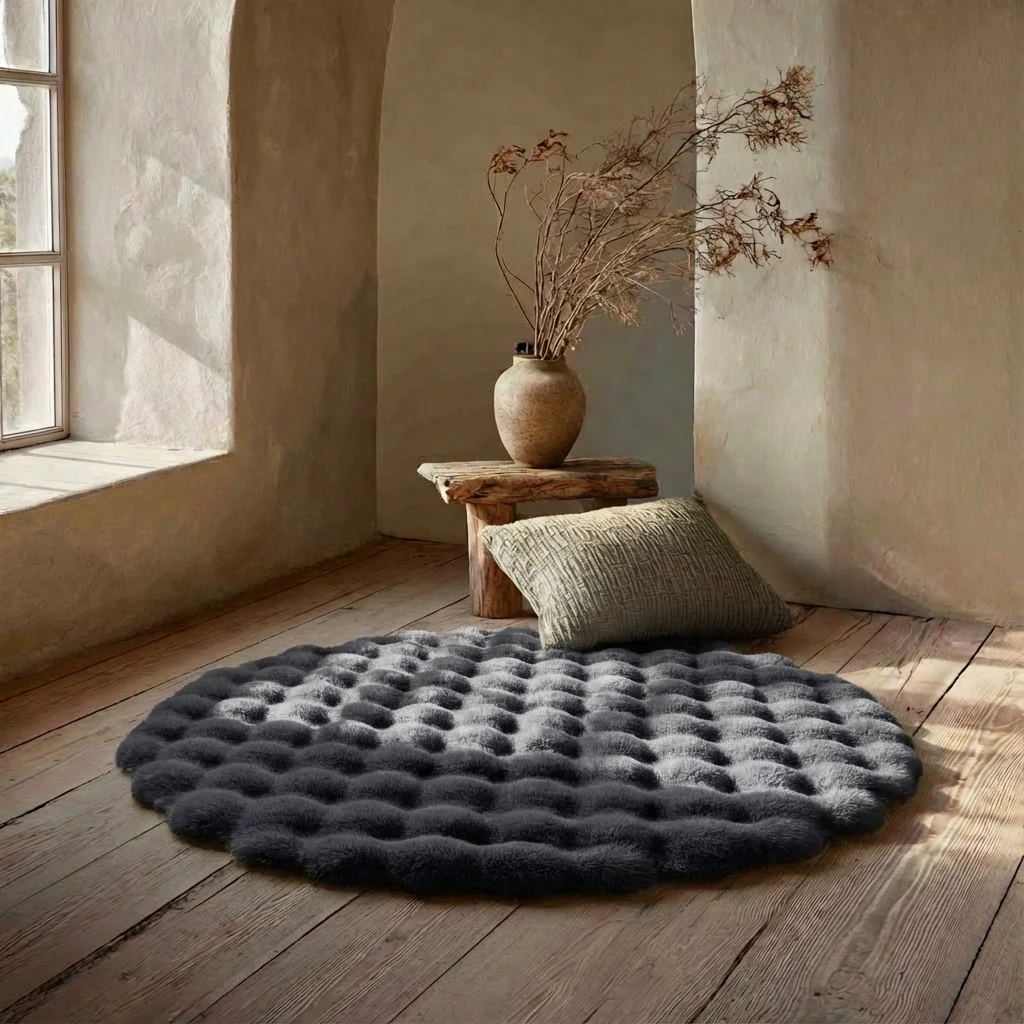 Charcoal grey circular rug with cloud-soft bubble texture rests on rustic wood floor, nestled beside a woven pillow and driftwood stool in a wabi-sabi corner bathed in soft light.