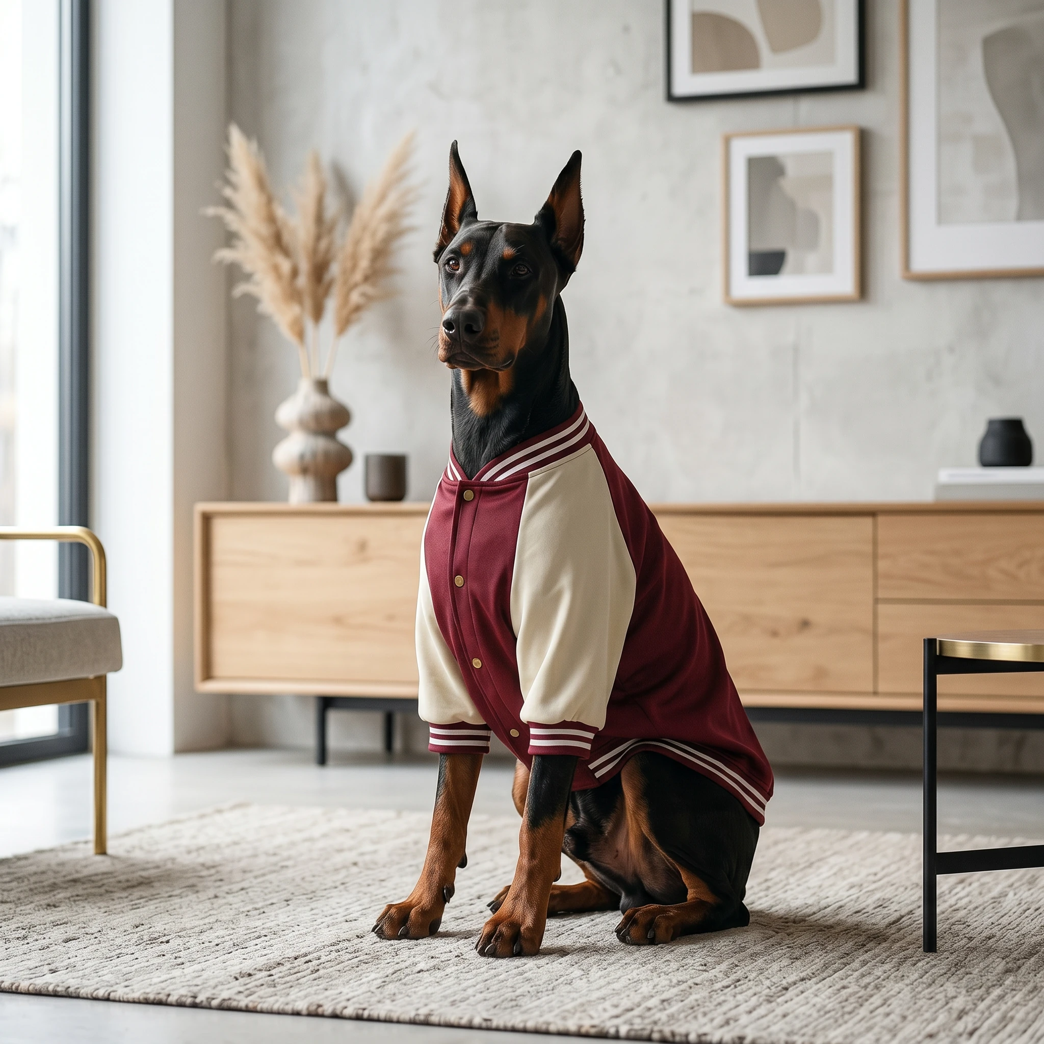 Doberman in NookPaws varsity jacket with burgundy and cream panels, seated on textured rug in minimalist space, soft natural light highlighting smooth fabric and clean fit for deep-chested breeds.
