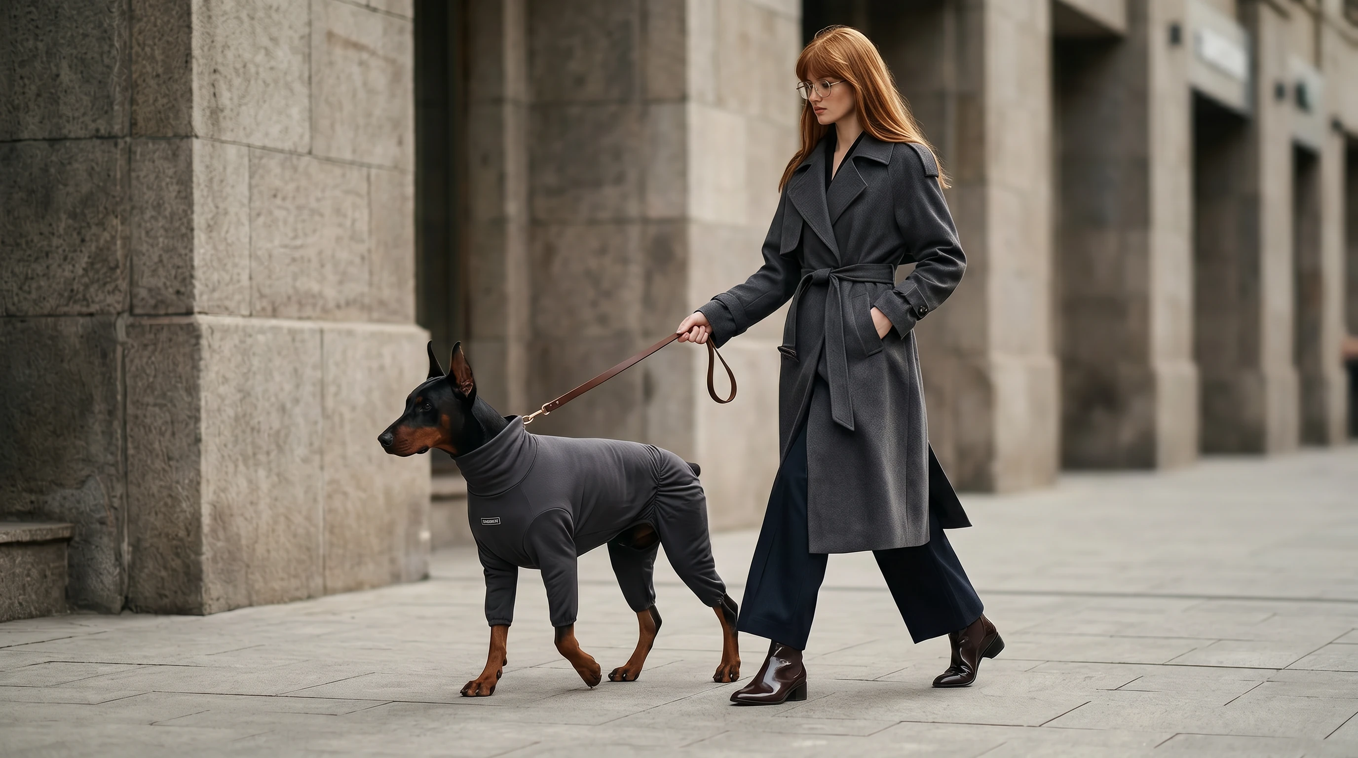 Doberman in minimalist grey recovery suit walks beside owner on urban stone path, soft textured fabric drapes naturally, calm urban tones, functional layer for deep-chested breeds