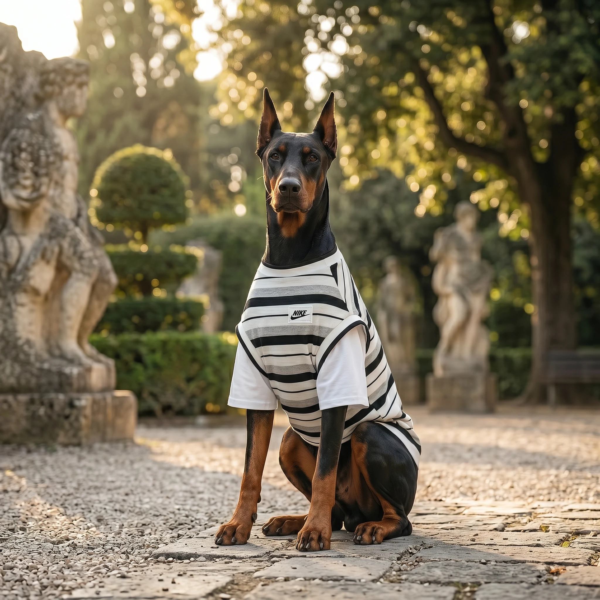Doberman in NookPaws striped shirt, soft breathable fabric, slim fit for deep-chested breeds, sitting on stone path in golden garden light, minimalist design, calm demeanor
