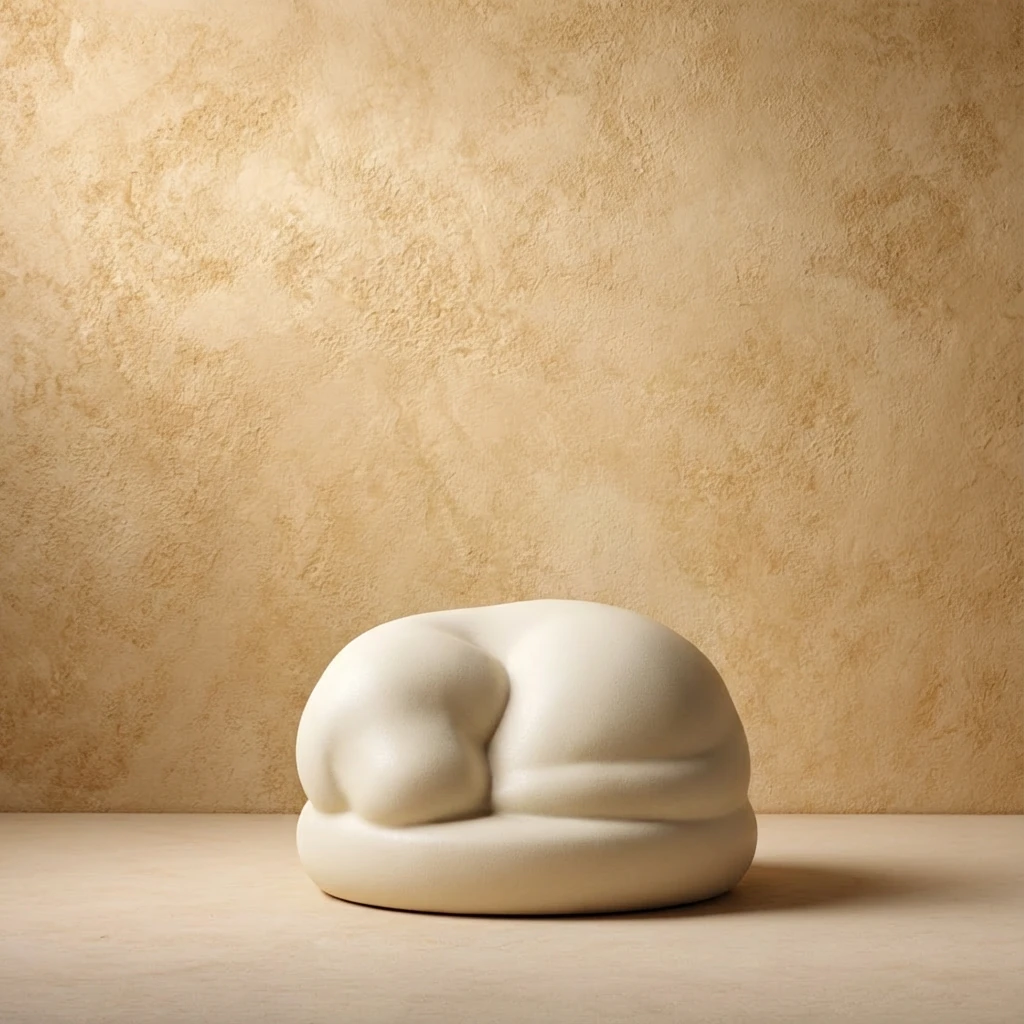 Cream ceramic pet memorial urn shaped like a sleeping dog, resting on a light wood surface against a textured beige wall, embodying minimalist interior calm and harmonious pet living.