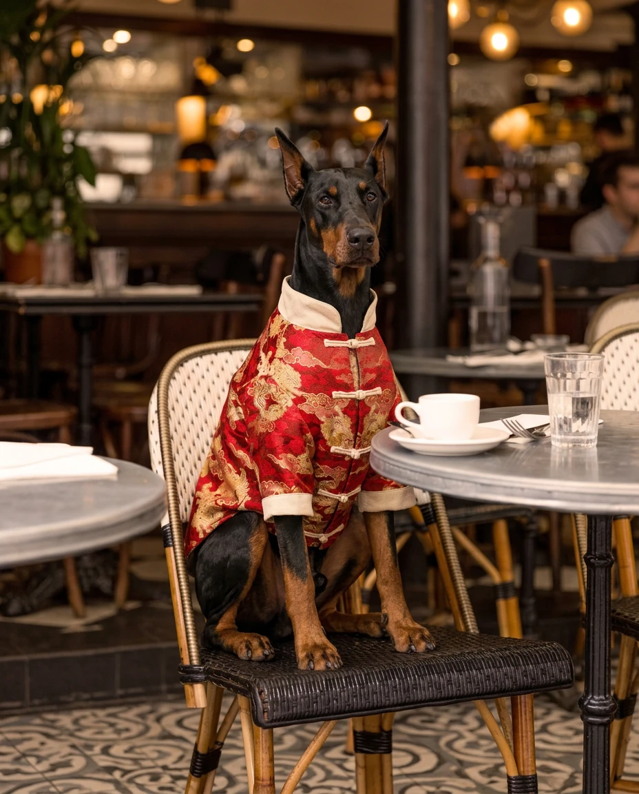 Doberman in NookPaws™ Heritage Coat, seated at a café table, red embroidered fabric with cream trim, warm ambient lighting, minimalist urban setting.