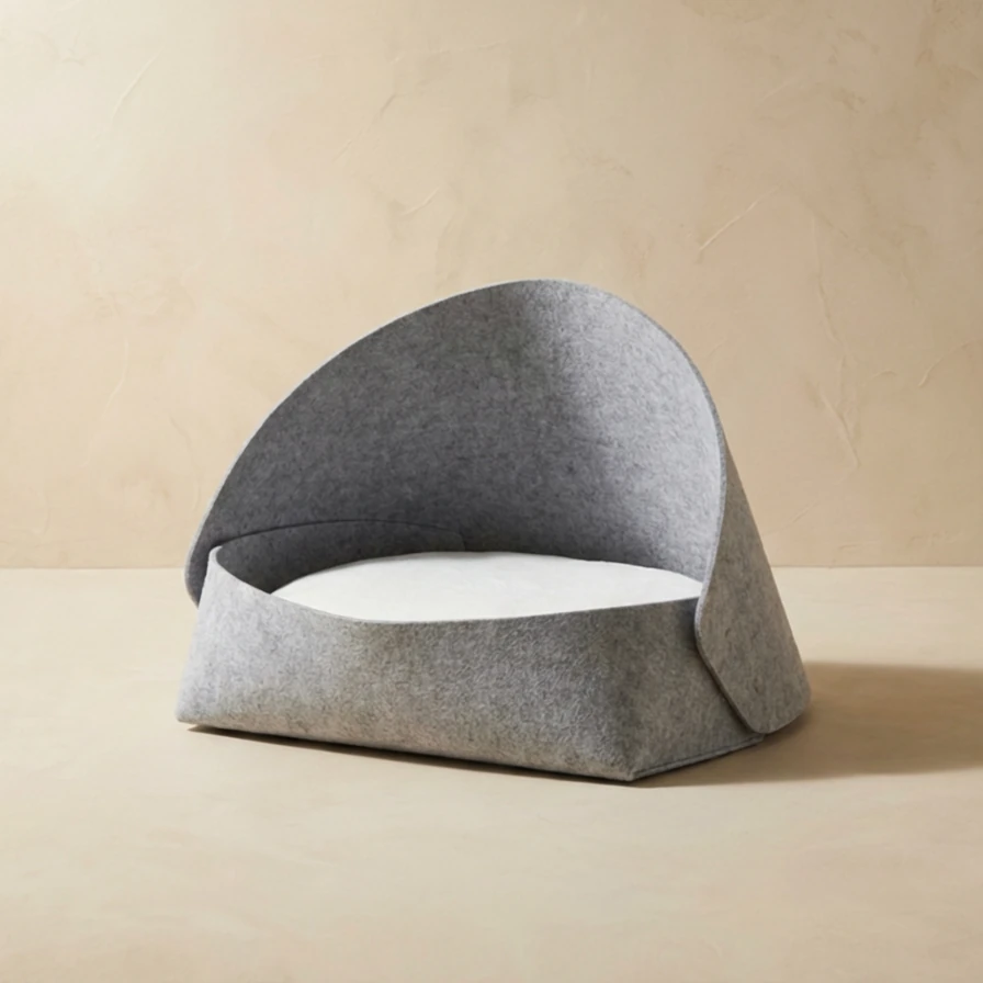 Light grey felt cat cave with soft, sculptural form and snap-button design, set against a warm, textured backdrop—ideal for minimalist interior spaces.