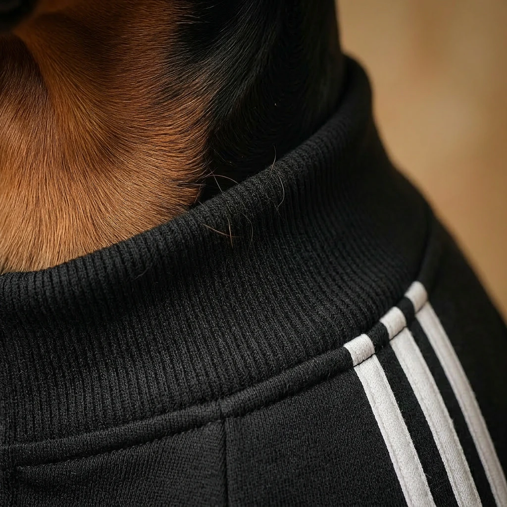 Close-up of a Doberman’s neck in a black ribbed zip-up hoodie with white stripes, showcasing soft texture and minimalist fit for deep-chested breeds.