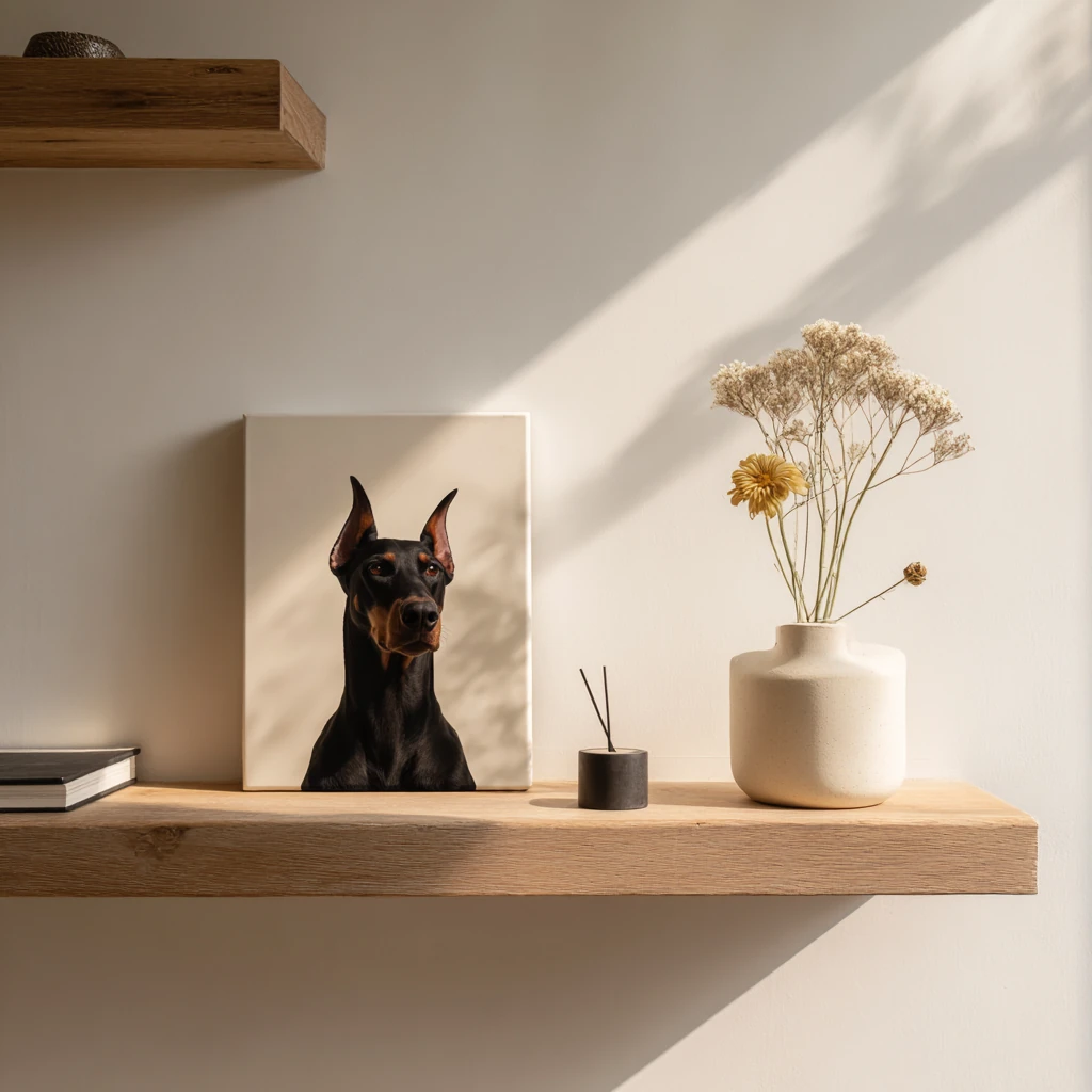 Minimalist wooden shelf with a Doberman portrait, dried flowers in a ceramic vase, and a diffuser, bathed in soft sunlight — harmonious pet living.