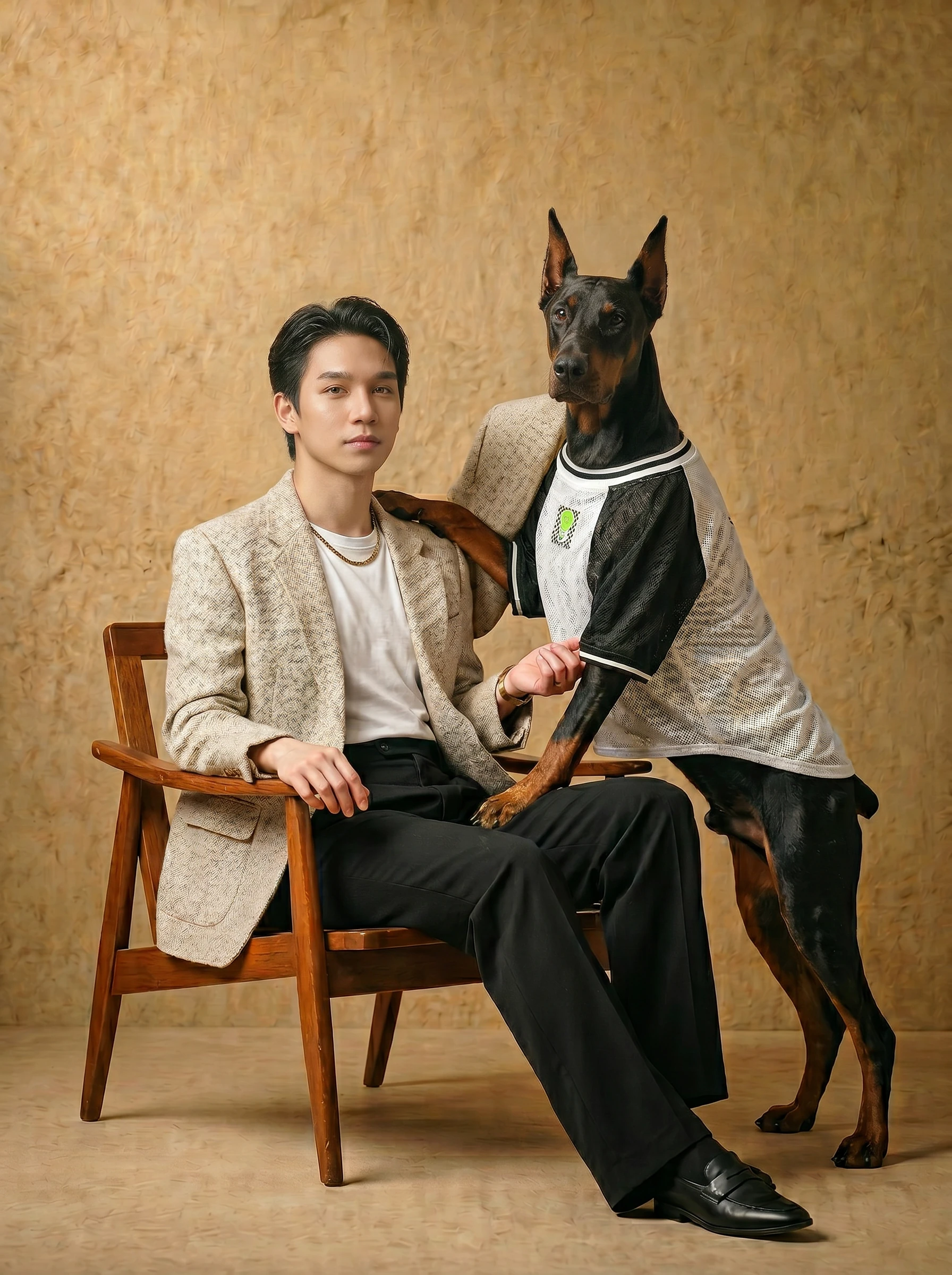 Doberman in minimalist black-and-white mesh vest with high-pile sherpa lining, exuding calm elegance against warm textured backdrop, showcasing functional large-breed apparel for active dogs.