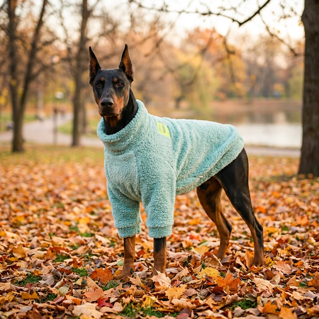 Doberman wearing NookPaws™ Deep Chest Fleece Sweater in soft teal, standing amidst autumn leaves—high-loft sherpa texture, minimalist fit for deep-chested breeds.