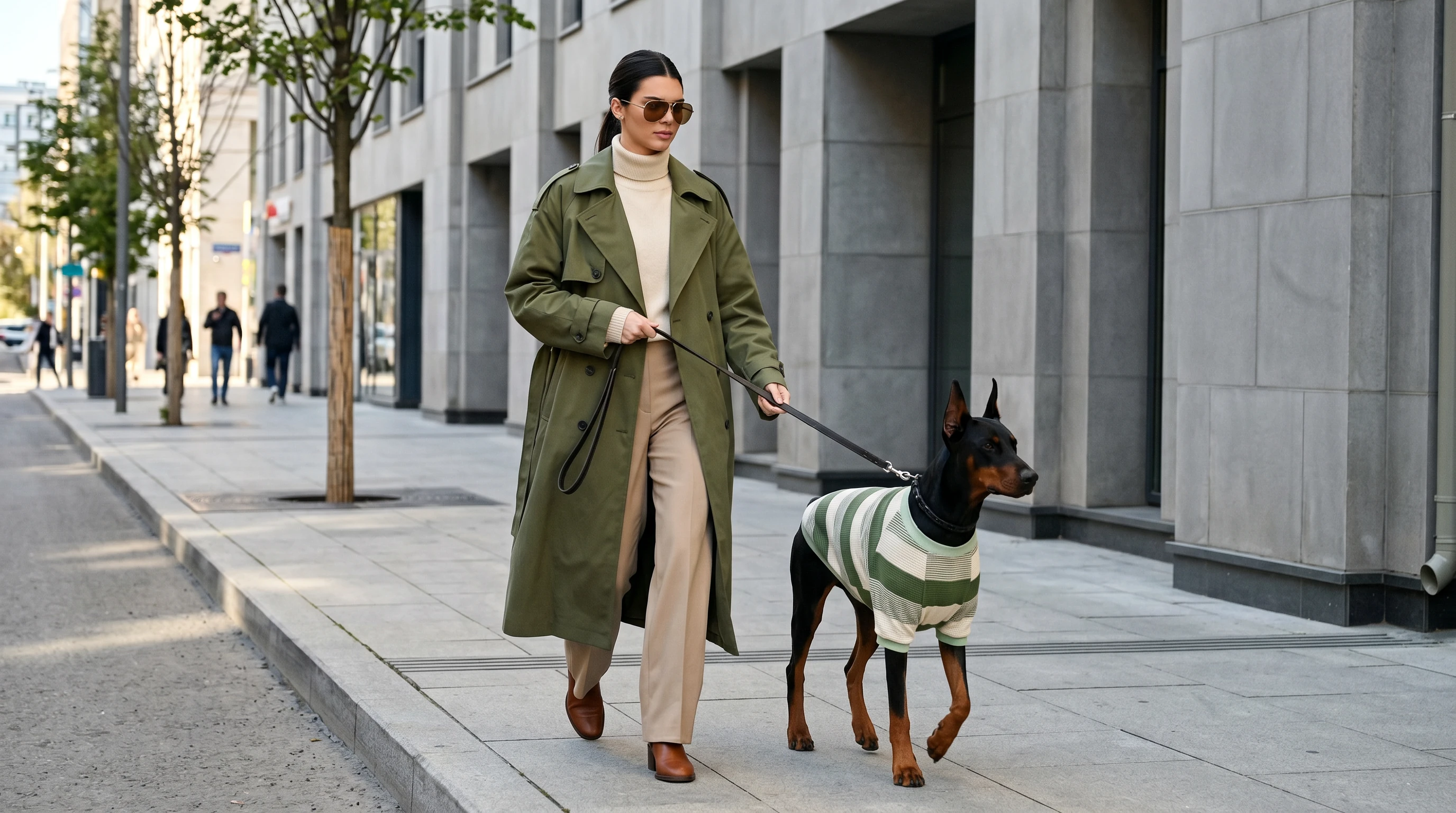Doberman in striped waffle-knit sweater for deep-chested dogs, walking calmly on city street with owner, soft daylight highlighting texture and minimal aesthetic