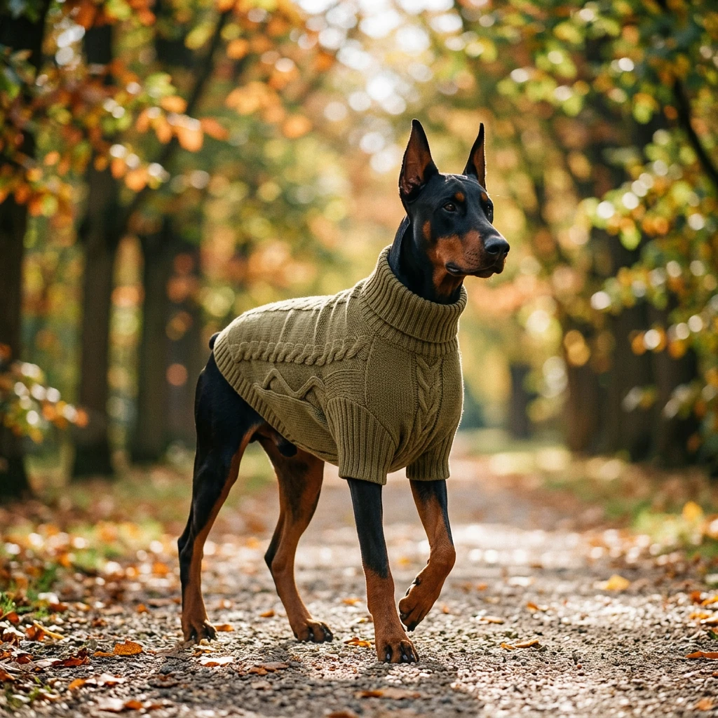 Doberman in NookPaws Deep Chest Cable Sweater, olive knit with ribbed turtleneck, walking through autumn forest, sunlight filtering through trees, minimalist fit for deep-chested dogs