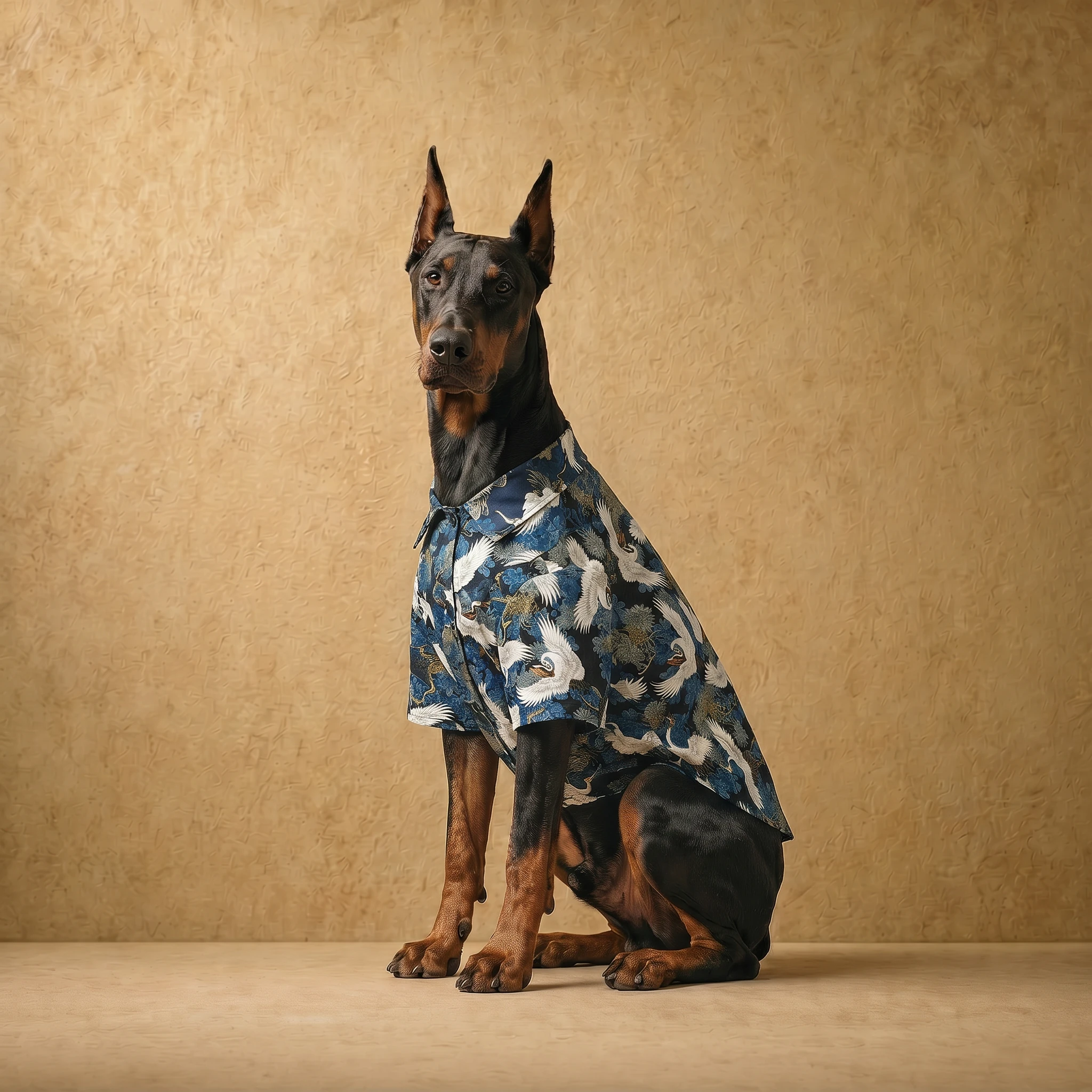 Doberman in a blue crane print shirt with athletic fit, designed for deep chests and large breeds, featuring breathable fabric and clean lines for calm, practical style.