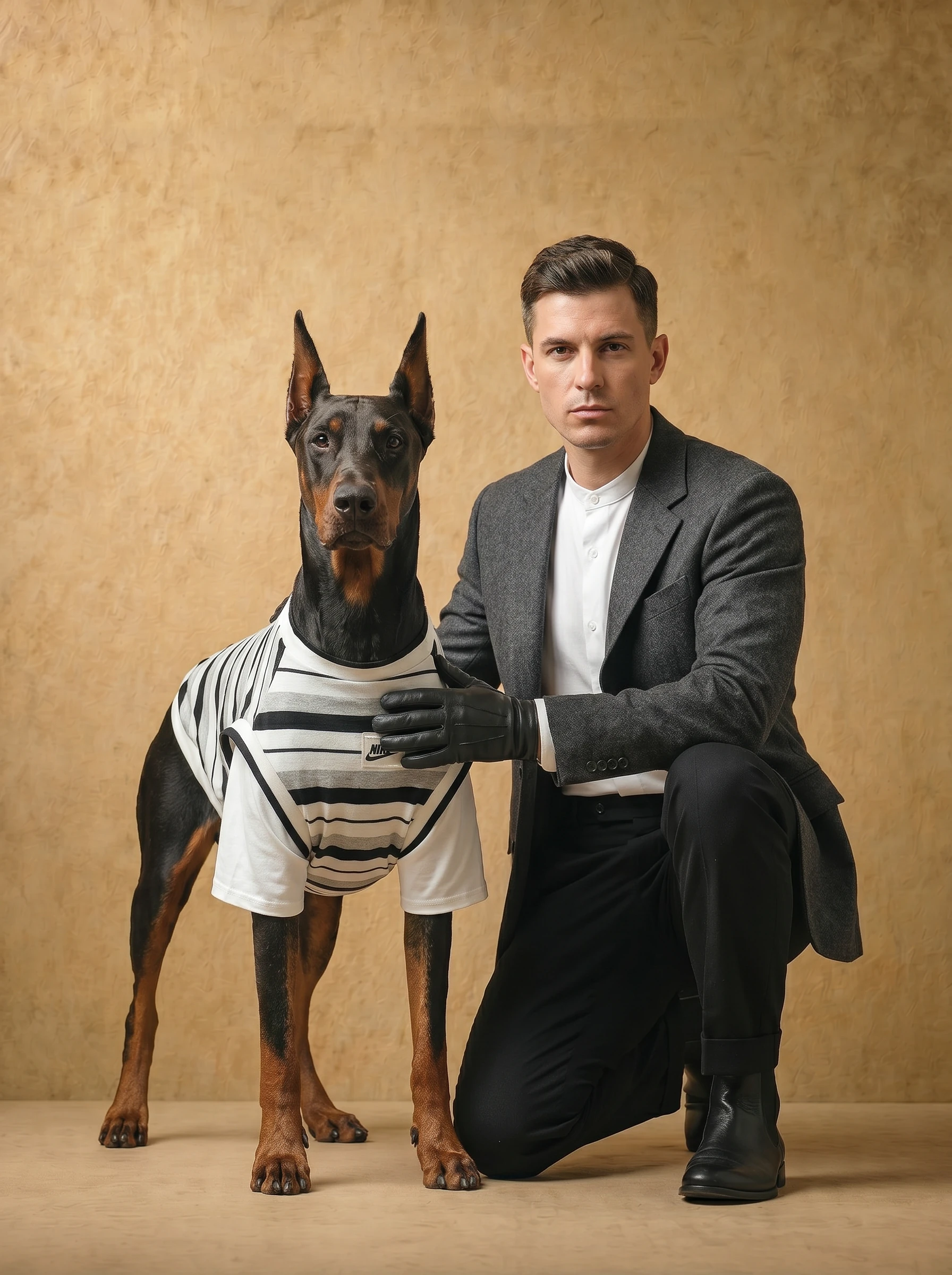 Doberman in minimalist striped shirt, designed for deep-chested breeds, showcasing clean lines and soft fabric texture against warm, textured backdrop with calm, functional style.