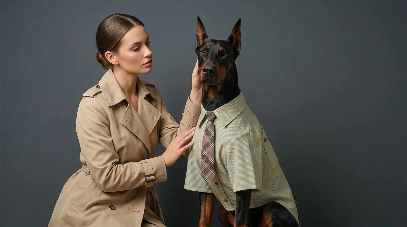Doberman in NookPaws Deep Chest Striped Shirt with cotton-linen texture, paired with a plaid tie, under soft studio lighting; minimalist aesthetic, calm interaction with companion.