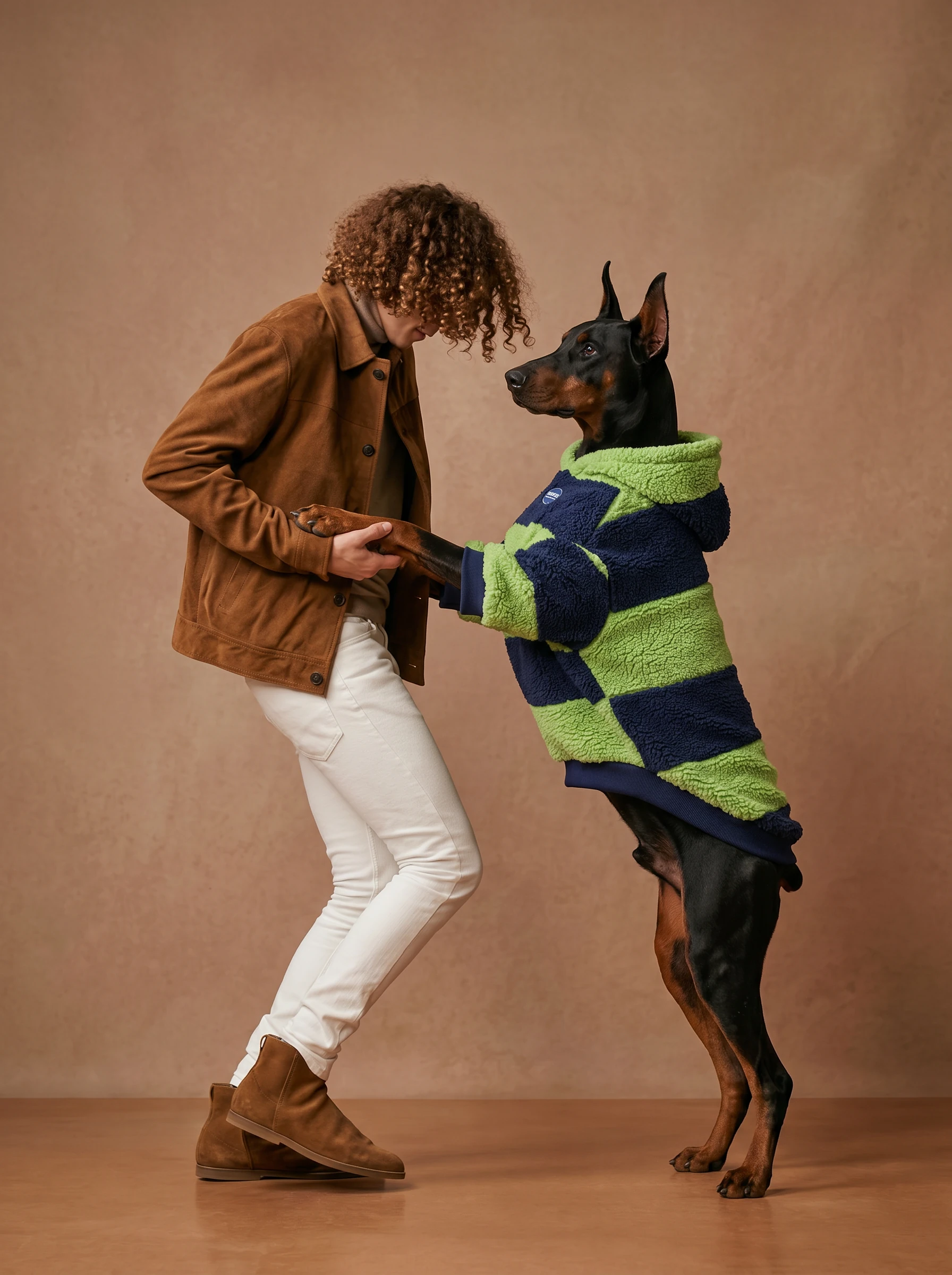 Doberman in navy and lime green sherpa hoodie, standing tall with paws on human’s arm, soft textured fabric, warm studio lighting, minimalist earth-toned backdrop, clothes that fit dobermans