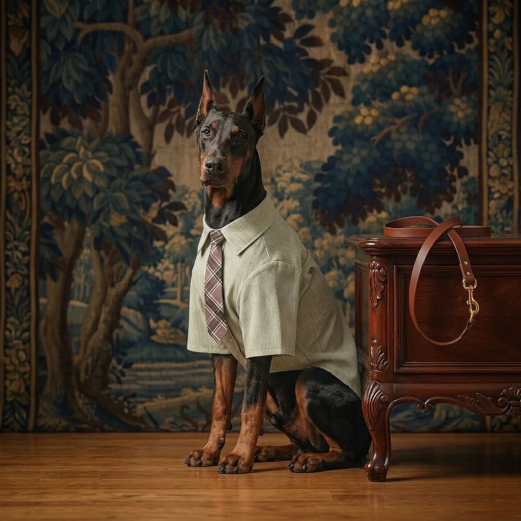 Doberman in NookPaws™ Deep Chest Striped Shirt, breathable cotton-linen fabric, minimalist smart-casual fit, seated beside antique chest, soft warm lighting, wabi-sabi aesthetic.