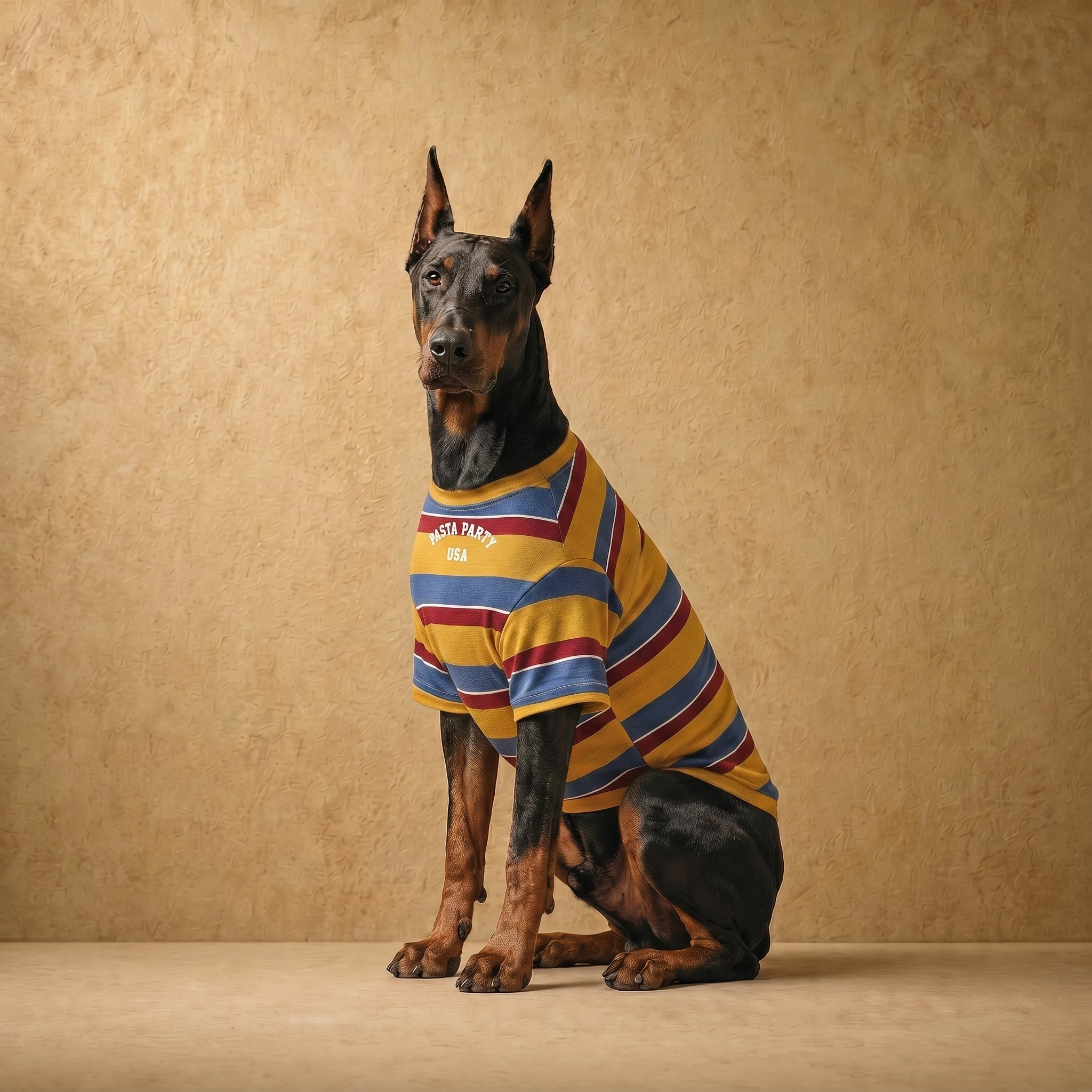 Doberman in a yellow multi-stripe cotton-blend sweatshirt with blue and maroon bands, designed for deep-chested builds, sitting calmly against a textured beige backdrop.