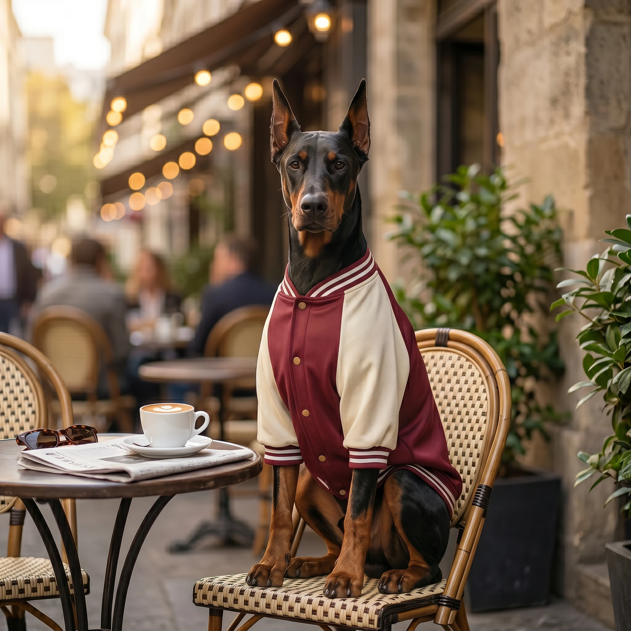 Doberman in NookPaws Varsity Jacket, maroon and cream varsity style with gold buttons, seated at outdoor café, warm golden hour lighting, textured fabric, minimalist urban setting