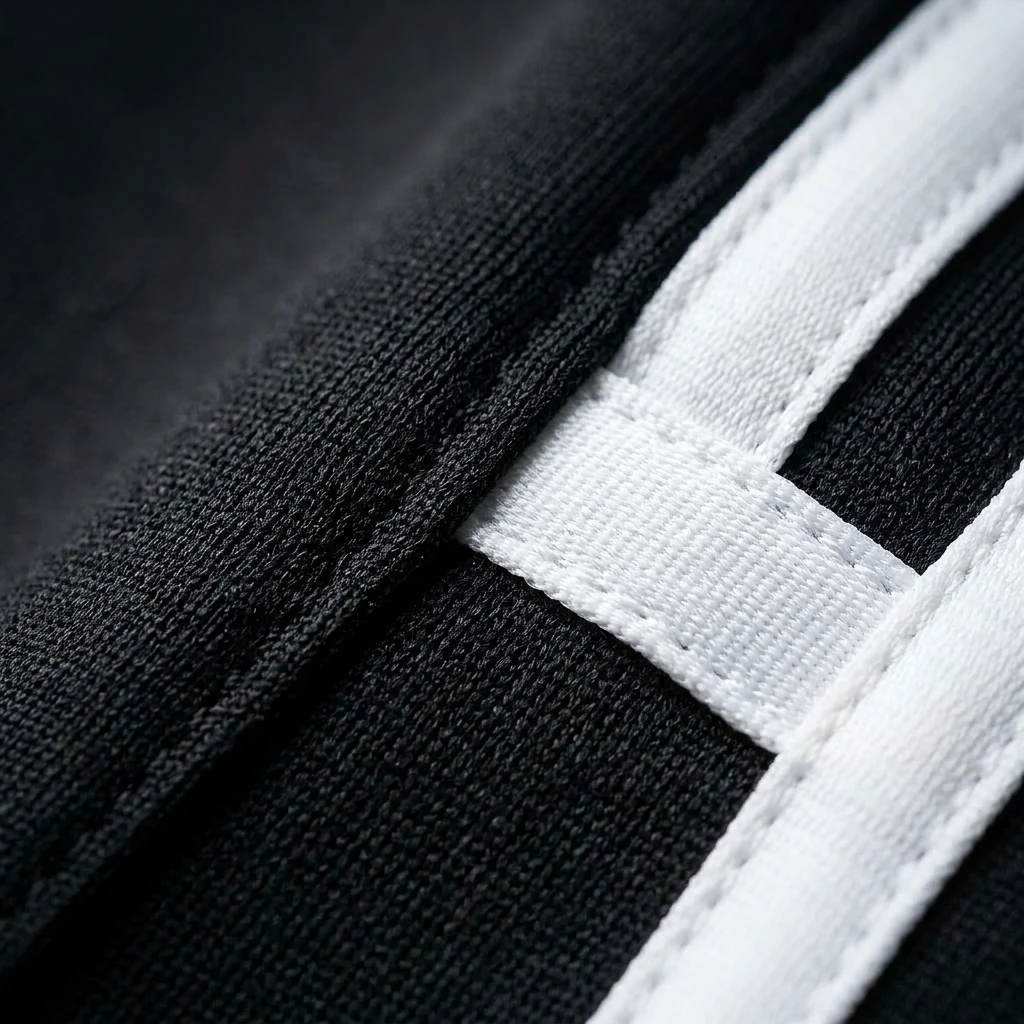 Close-up of NookPaws™ Doberman Zip-Up Hoodie’s black ribbed fabric and white contrast stitching, showcasing minimalist design and durable construction for deep-chested dogs.