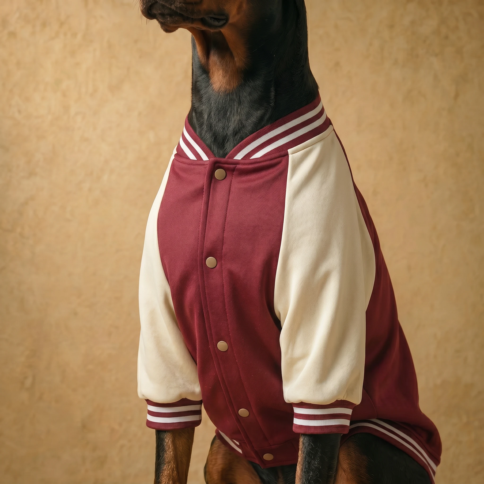 Doberman in NookPaws™ varsity jacket, maroon and cream textured fabric, streamlined fit for deep-chested breeds, warm core layer, minimalist aesthetic