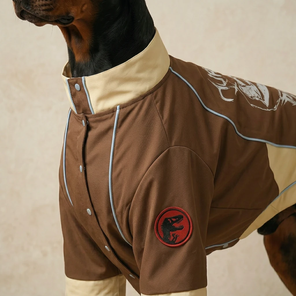 Doberman wearing NookPaws™ winter coat with tan collar, brown texture, and red dinosaur patch — functional, minimalist dog apparel for deep-chested breeds.