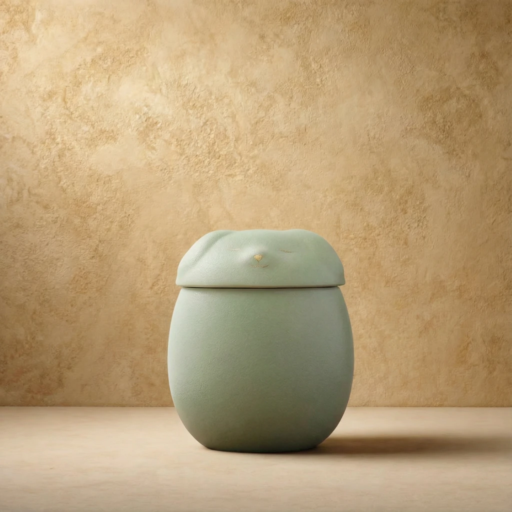 Moss green ceramic pet memorial jar with soft cat silhouette lid, resting on light wood surface against textured beige wall, embodying wabi-sabi aesthetic and harmonious pet living.