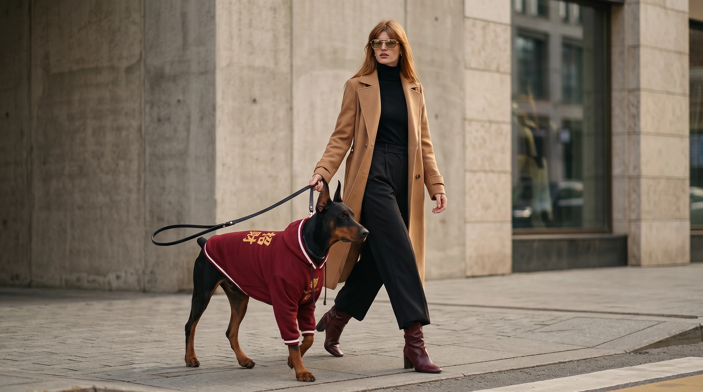 Doberman in NookPaws deep chest fleece hoodie, walking with owner on urban sidewalk, textured burgundy fabric, minimalist design, calm urban light.