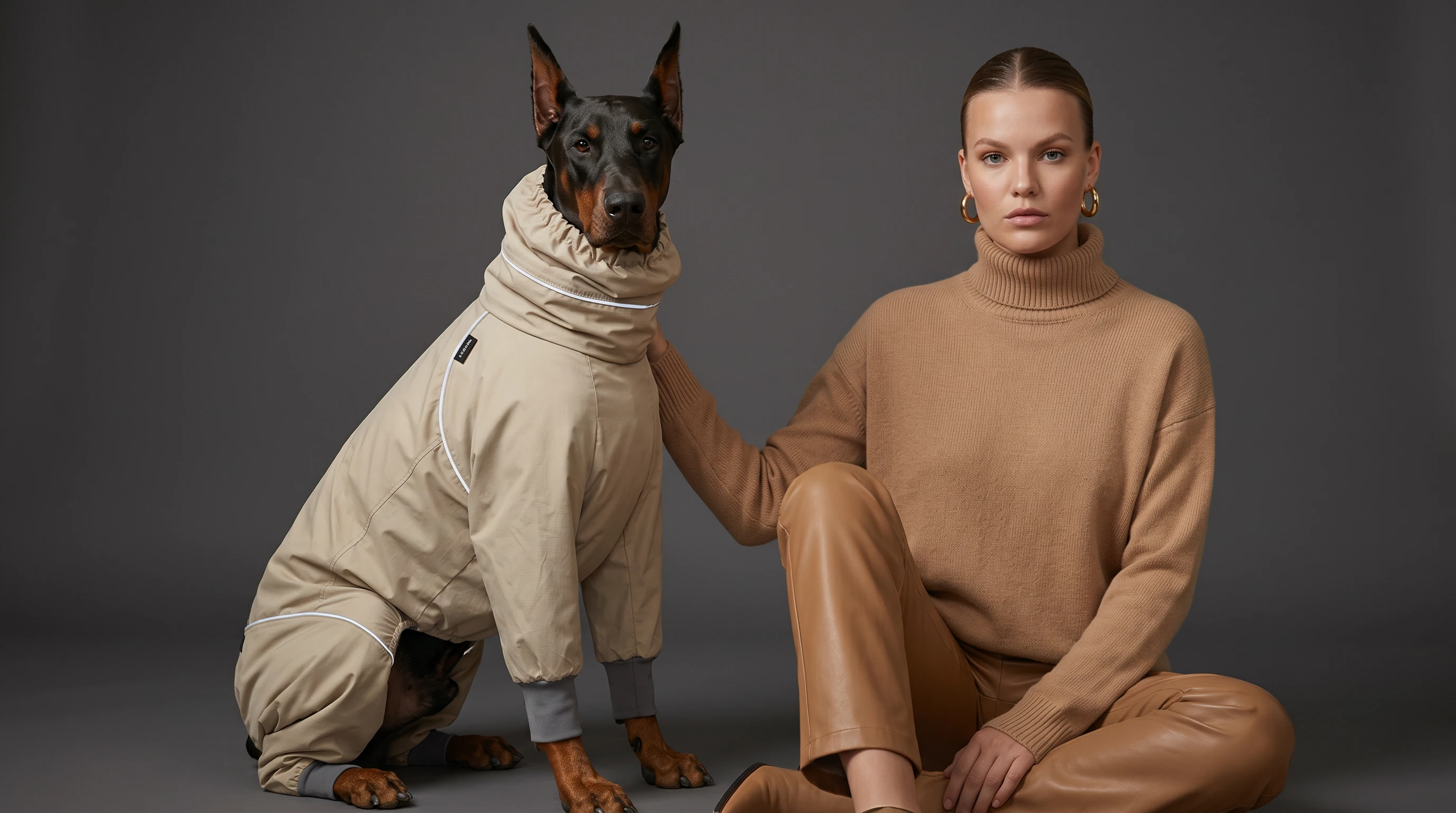NookPaws™ Doberman Rain Layer in warm beige, featuring waterproof fabric with white piping, snug neck gusset, and full coverage for deep-chested breeds, worn by a Doberman beside a human model in matching minimalist tones.