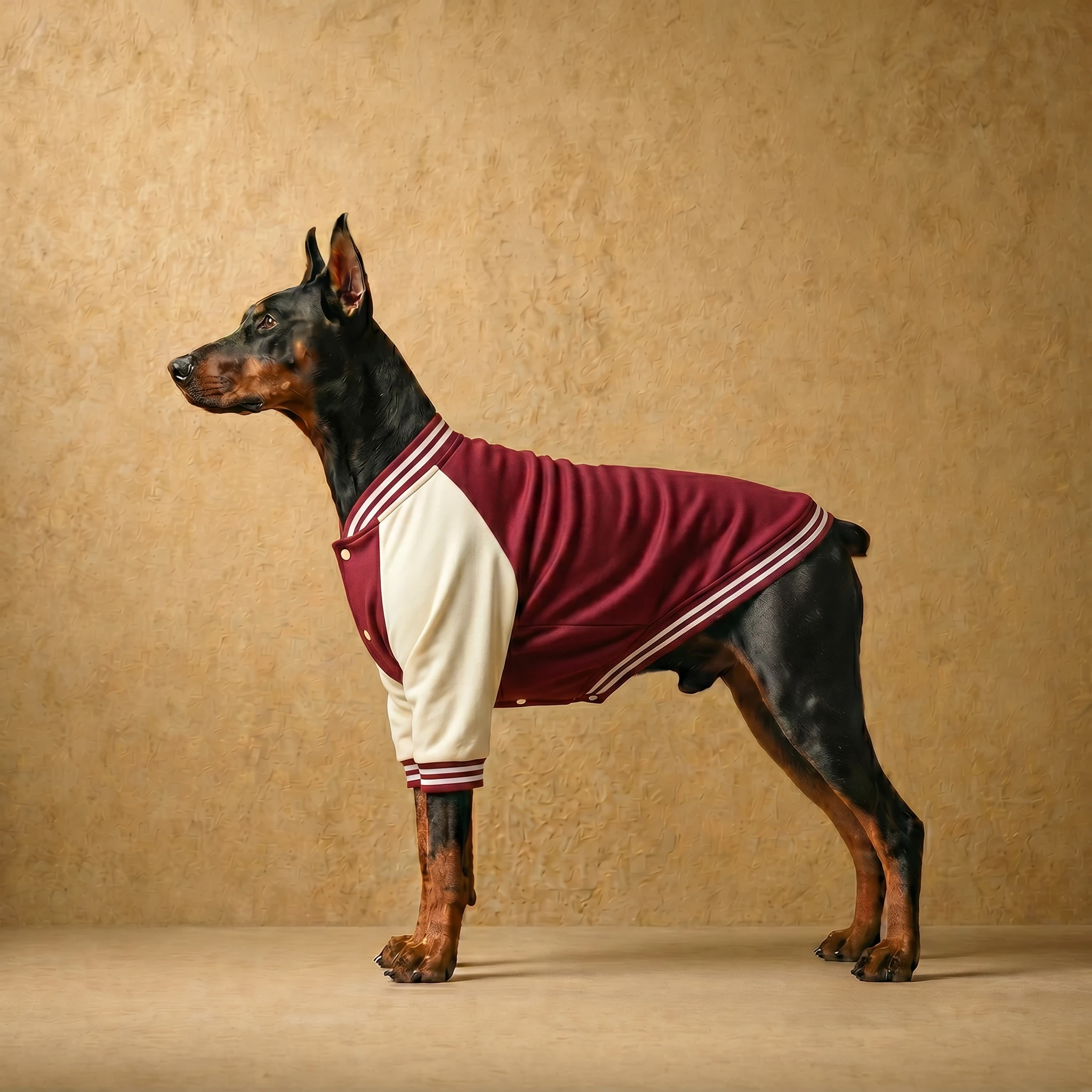 Doberman in a maroon and cream varsity-style jacket with ribbed trim, showcasing a close athletic fit for deep-chested builds; clothes that fit dobermans with clean lines and functional design.