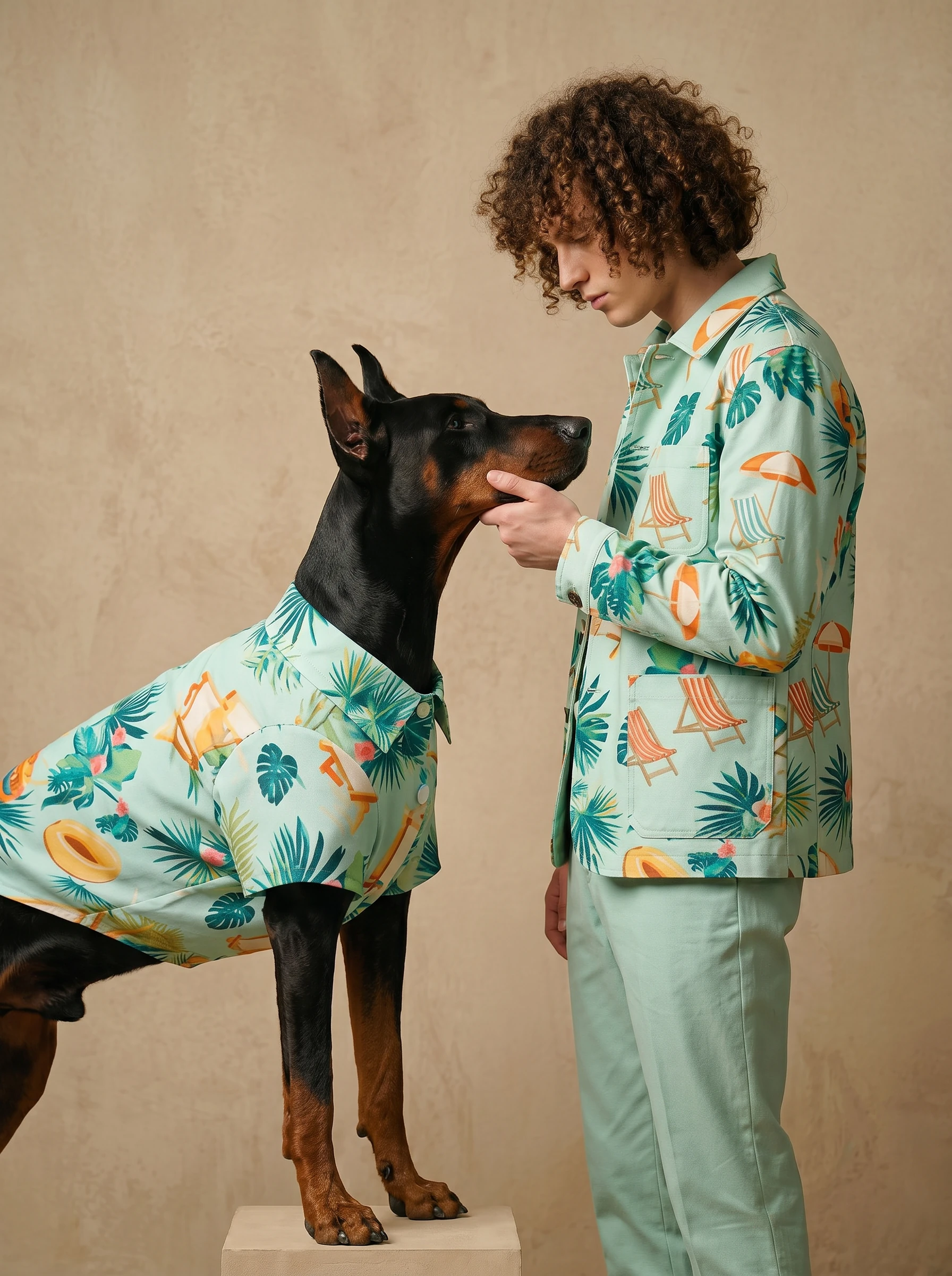 Doberman in lightweight summer shirt with tropical print, designed for deep-chested dogs, paired with matching human layer in soft beige light.