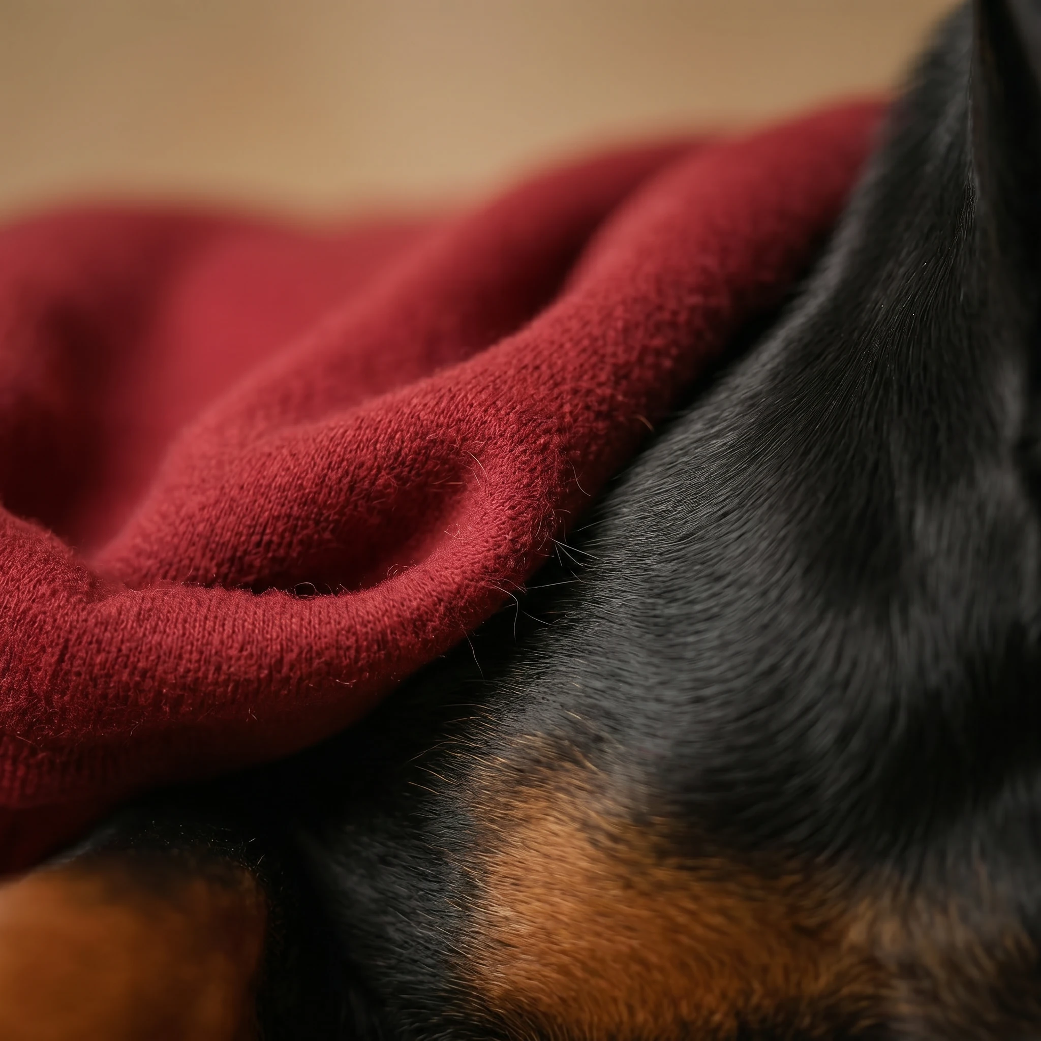 Rich crimson fleece dog hoodie draped over a Doberman's deep chest, soft texture contrasting with sleek coat, warm ambient light highlighting minimalist fit and functional comfort for large breeds.